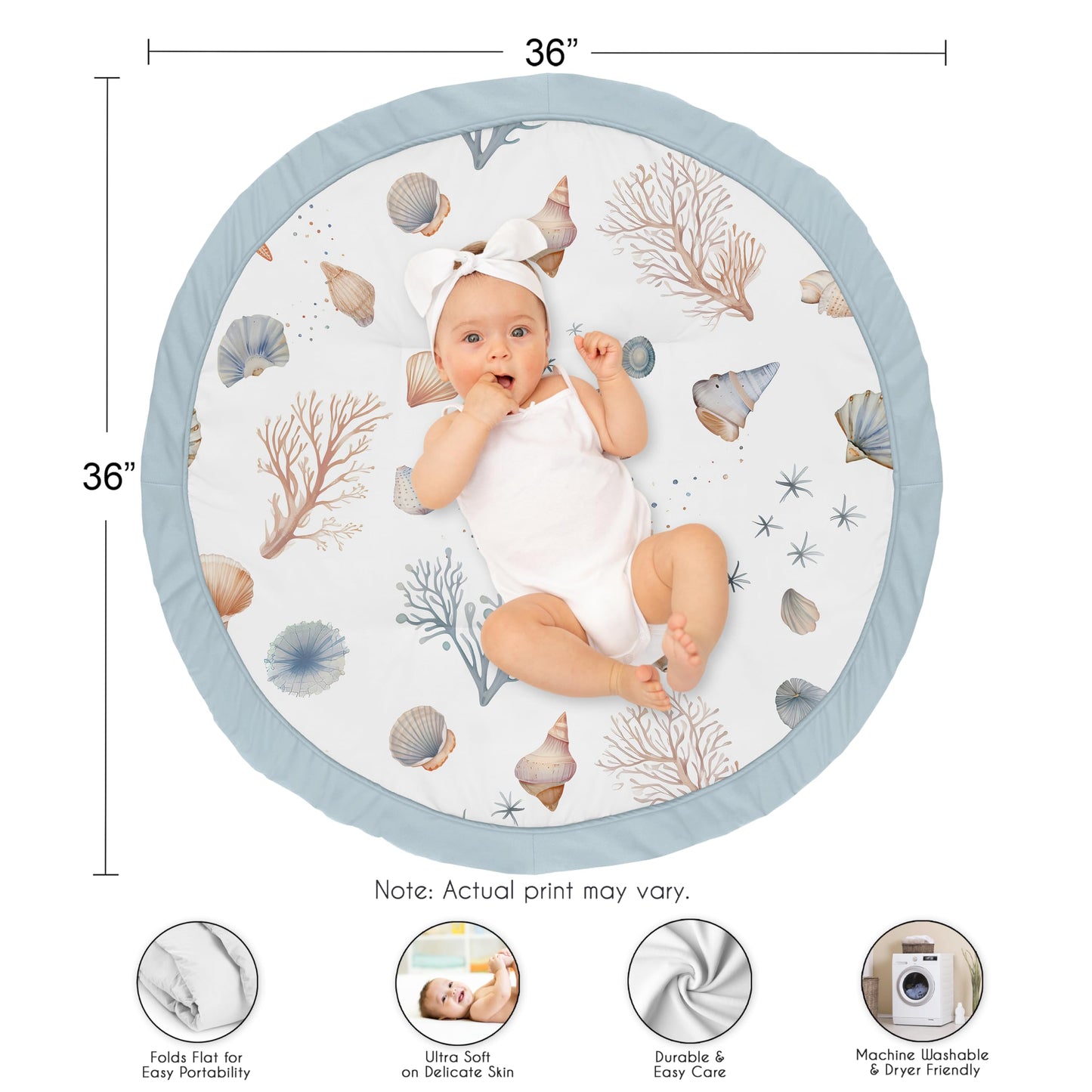Sweet Jojo Designs Ocean Seashells Boy, Girl, Unisex/Gender Neutral Baby Play Mat Tummy Time Activity, Toddler Floor Infant Playmat - Nautical, Beach Theme, Watercolor, Starfish, Coastal, Aquatic, Sea