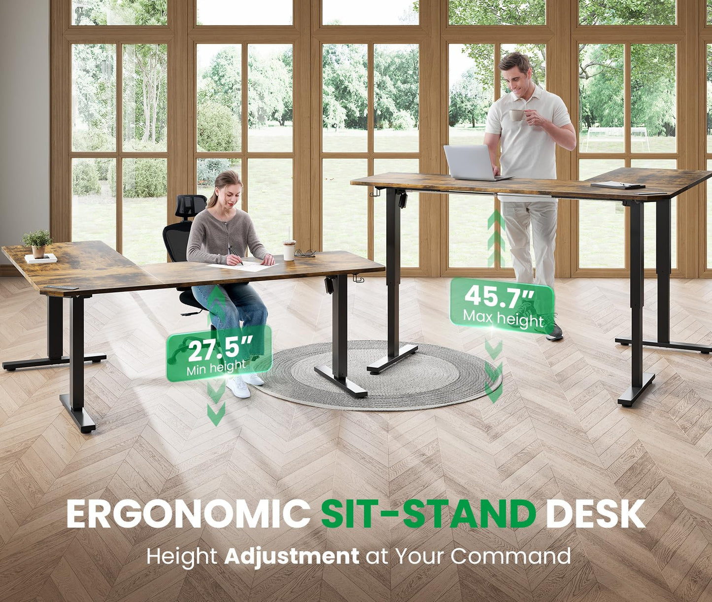 SIAGO L-Shaped Standing Desk - 63 x 55 Inch Adjustable Corner Standing Desk with Charging Station - L Shape Sit Stand Table with Memory Controller, Splice Board for Home Office