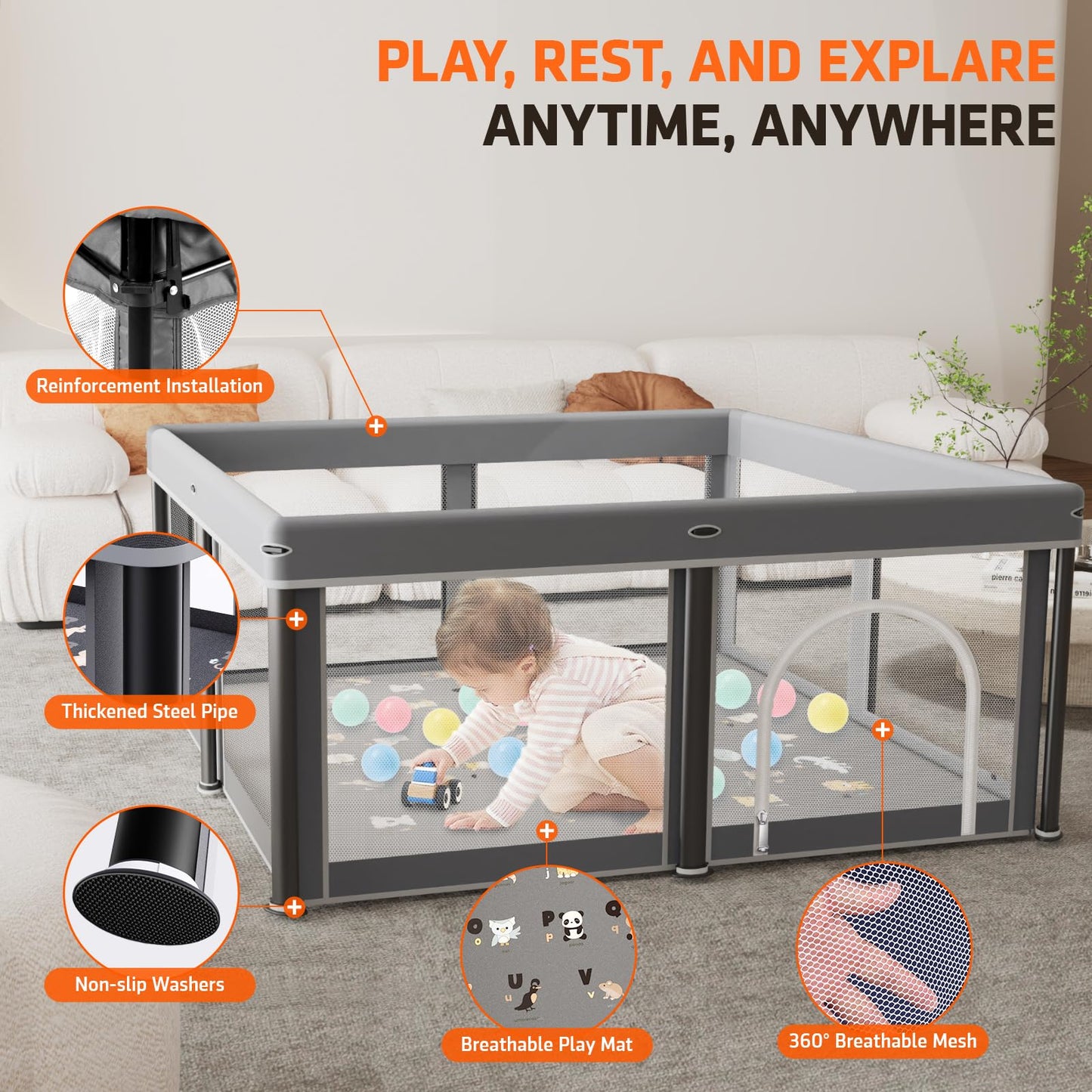 Foldable Baby Playpen with Mat,50"×50" Collapsible Playard for Babies and Toddlers,Indoor&Outdoor Kids Safety Play Pen,Portable Travel Playpen ‌with Travel Pack and 30 Ocean Balls