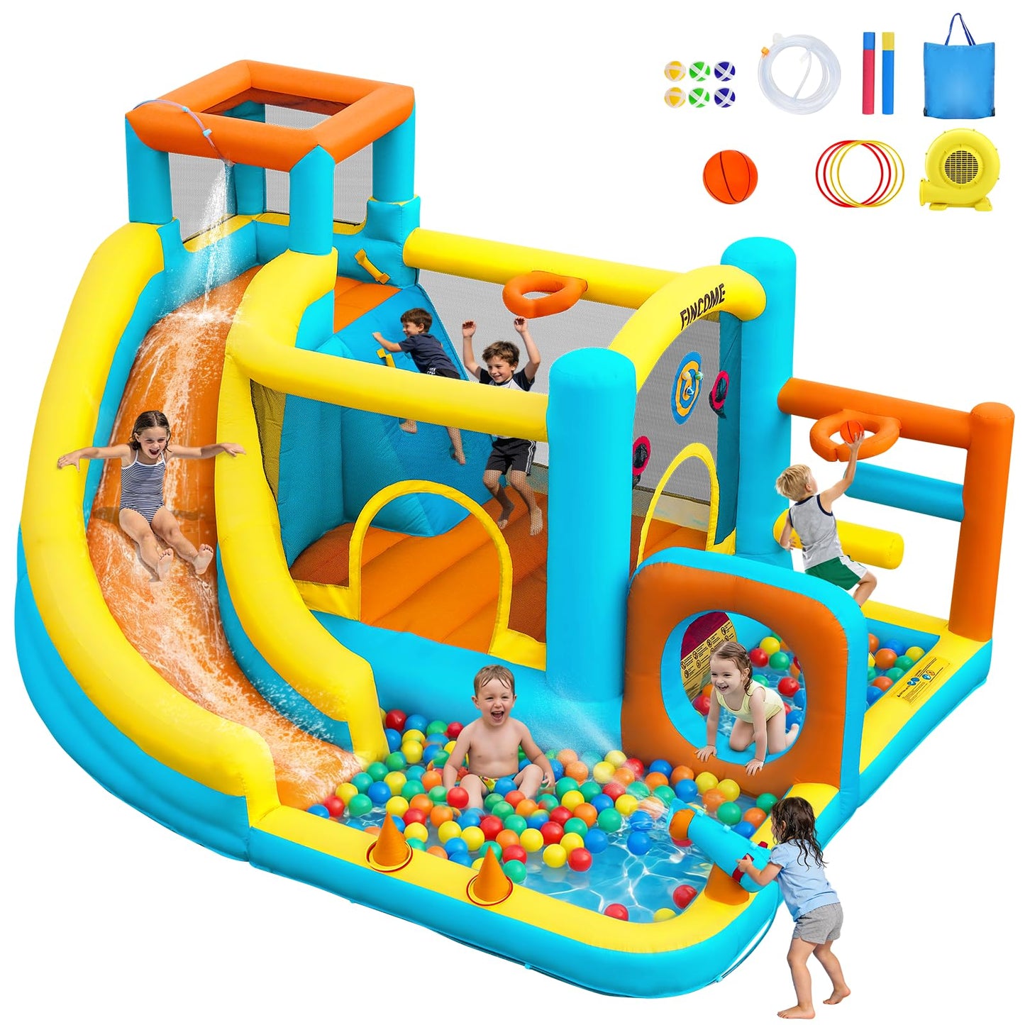 Inflatable Bounce House for Kids Inflatable Water Park with 550W Blower, Ball Shooting, Climbing Wall, Jumping, Kids Bouncy Castle for Outdoor Indoor Backyard Water Slide Summer Party 12 * 9.7 * 7FT
