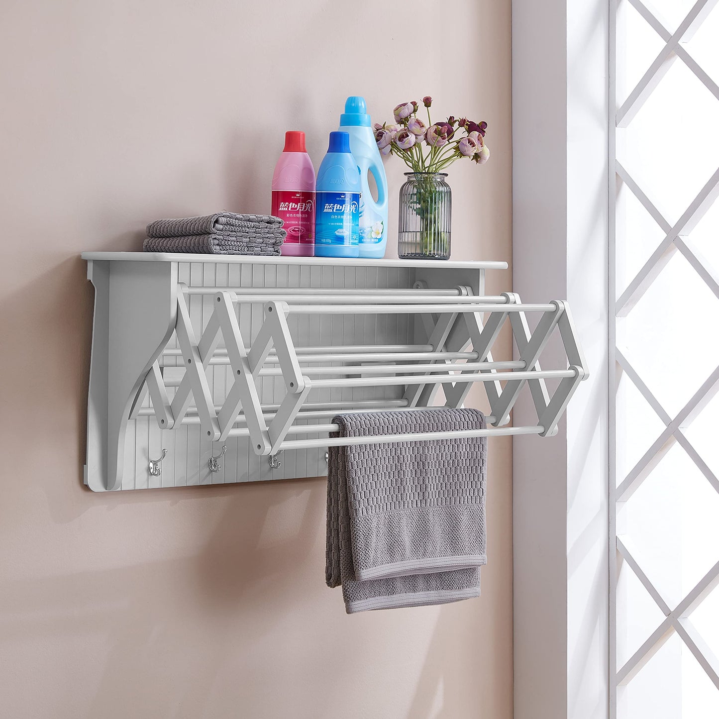 Danya B Accordion Clothes Drying Rack, Retractable, Wall Mounted Towel Rack and Hooks for Clothes and Towels for use in Laundry Room or Garage (White)