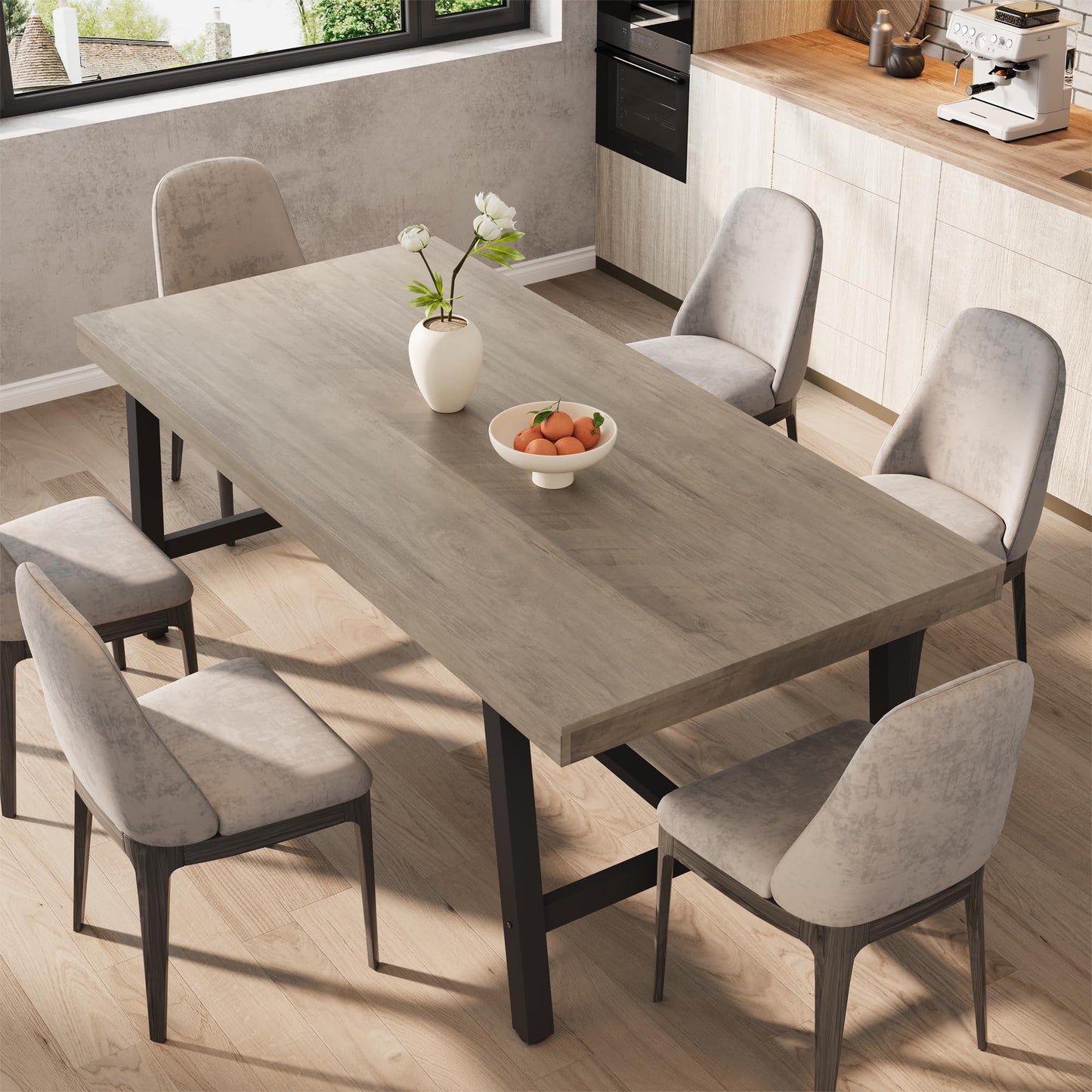 GarveeHome Industrial Dining Table for 6-8 People, 70.87" Long Wooden Kitchen Table with Sturdy Metal Frame & Grey Finish, Seats 6 Rectangular Counter for Dinner, Kitchen, Dining Room - Grey