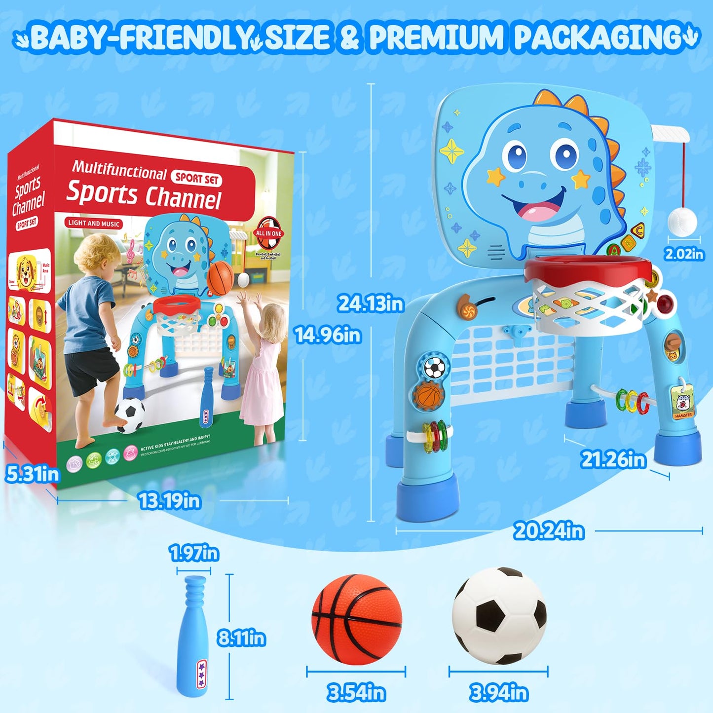 Toys for 1 Year Old Boy - Toddler Basketball Hoop & Soccer Goal & Baseball Activity Center with Light Sound Music, Dinosaur Montessori Sports Toy, Christmas Birthday Gift for Baby 12-18 Months, Blue