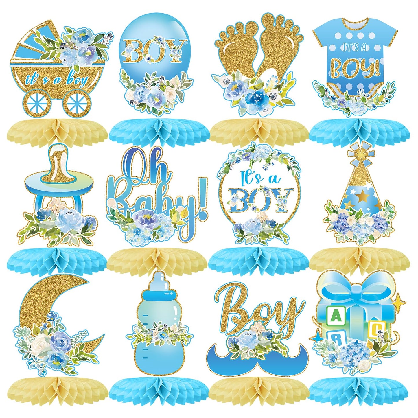 Tarklanda 12Pcs Baby Shower Honeycomb Centerpieces Party Decor for Boys,Blue Gold Floral It's a Boys Gender Reveal 3D Table Centerpieces Decoration for Kids Baby Shower Party Photo Props Supplies