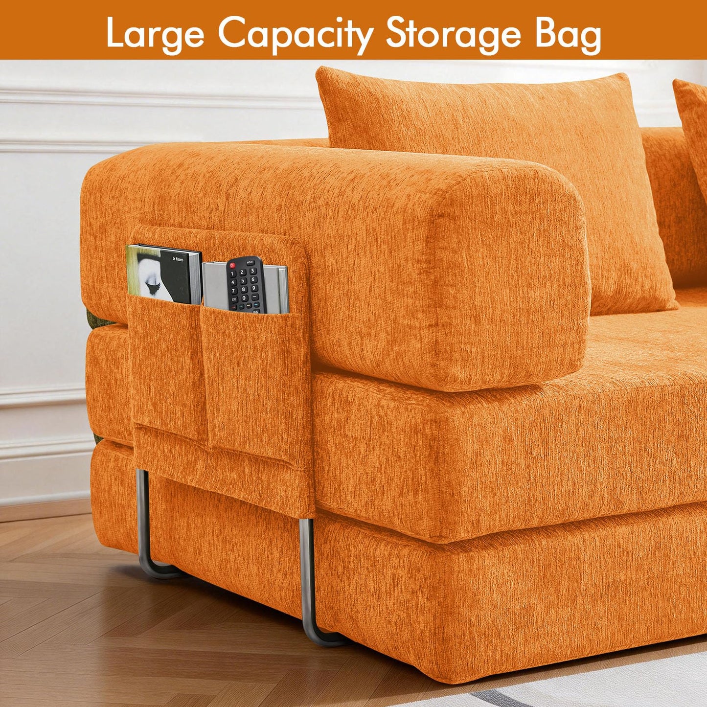 KozyNutria 81" Convertible Sofa Bed with Storage Pockets, 5-in-1 High Density Foam Boneless Couch, Corduroy Folding Futon Sleeper Sofa for Living Room Bedroom Apartment, No Assembly Required, Orange