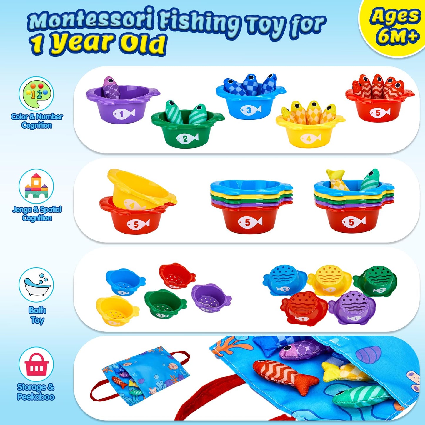 Gacoman Montessori Toys for 1 Year Old Boy Girl Birthday Gift- Cloth Fishing Game for Toddler1-3 with Stacking Cups Number Color Counting, Learning Educational Toys Baby Toys 12-18 Months