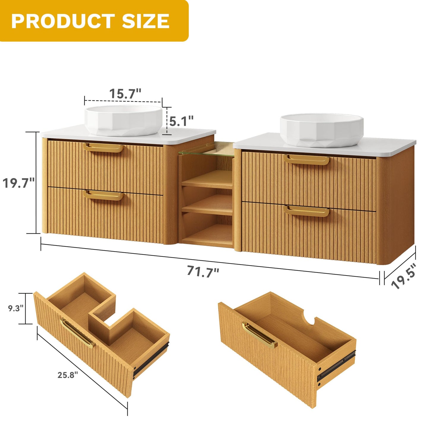 YITAHOME 72 Inch Floating Bathroom Vanity with 2 Faceted Ceramic Basins, Wall-Mounted Vanity with Engineered White Stone Top, 4 Large Storage Drawers & 4 Open Spaces, Wood Grain Texture, Light Walnut