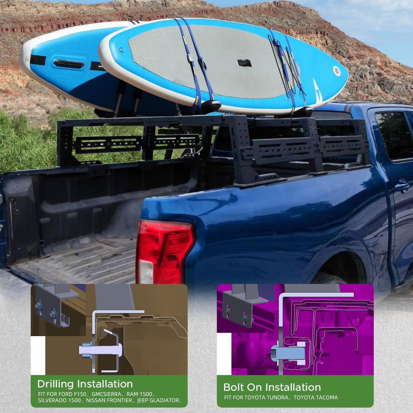 Partree 13"-18.5" High Overland Bed Rack for Fit for Ford F150 & Chevy Silverado 1500/Gmc Sierra 1500 & Dodge Ram 1500 & Tundra & Tacoma Full-Size Trucks w/Bed Rails Truck Bed Rack Back Cargo Carrier
