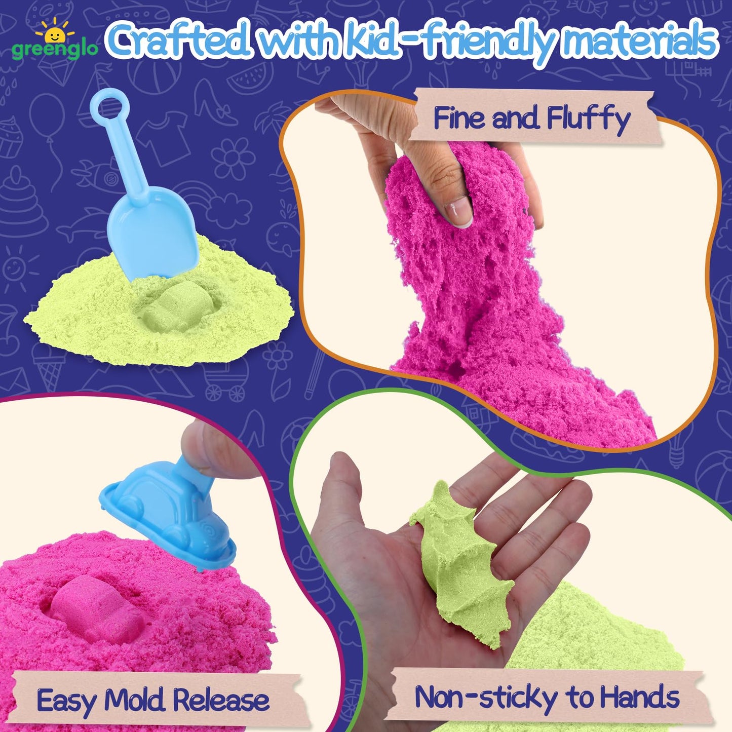 greenglo Kids Sensory Magic Sand Playset - 1.10 Lbs Color Sand Kit, 16 Pcs Molds (Cake/Dessert, car, sea Animal) & Tools, Ideal Sensory Bin for Boys & Girls Ages 3-8