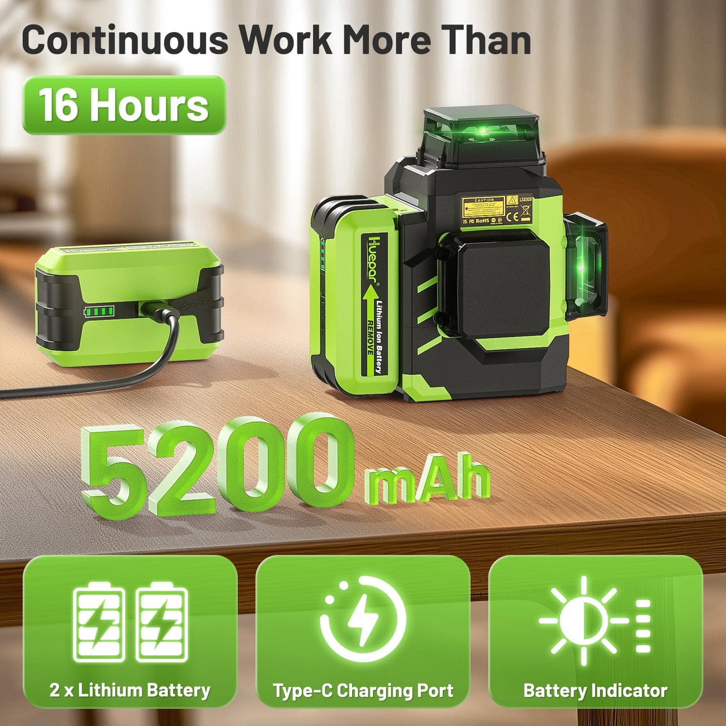 Huepar Laser Level 3x360 Self Leveling with 2 Rechargeable Batteries, 3D 12 Lines High Brightness Green Laser Level for Construction or Home Renovation, LS03CG
