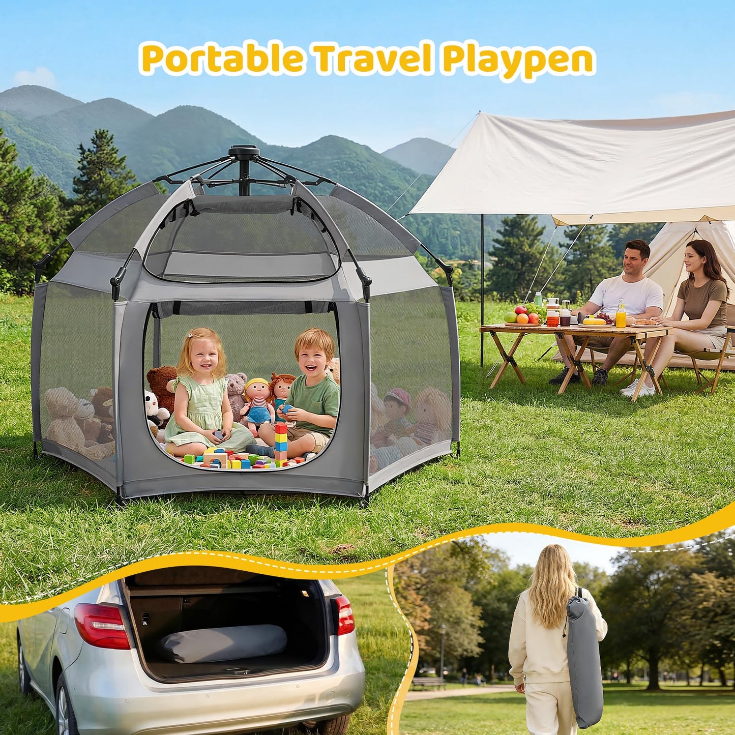 Dripex Pop Up Playpen for Babies and Toddlers with Built-in Pad & One-Click Safe Lock,Foldable Indoor/Outdoor Playpen with Roll-Up Door &Top Mesh Window, Portable Travel Play Pen &Baby Beach Tent,Grey