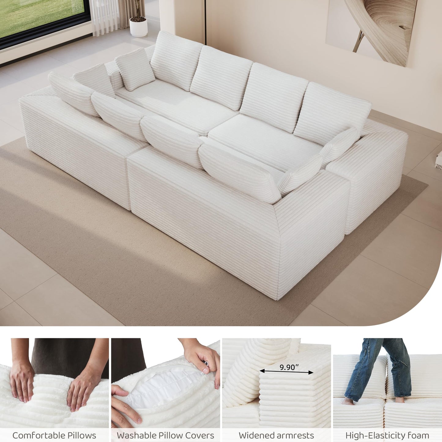 WJShome 104” Modular Sectional Cloud Couch, Boneless Sofa with Deep Seat, Comfy Fluffy Couch with L-Shaped Chaise, No Assembly Required, Right-Facing Chaise, Beige