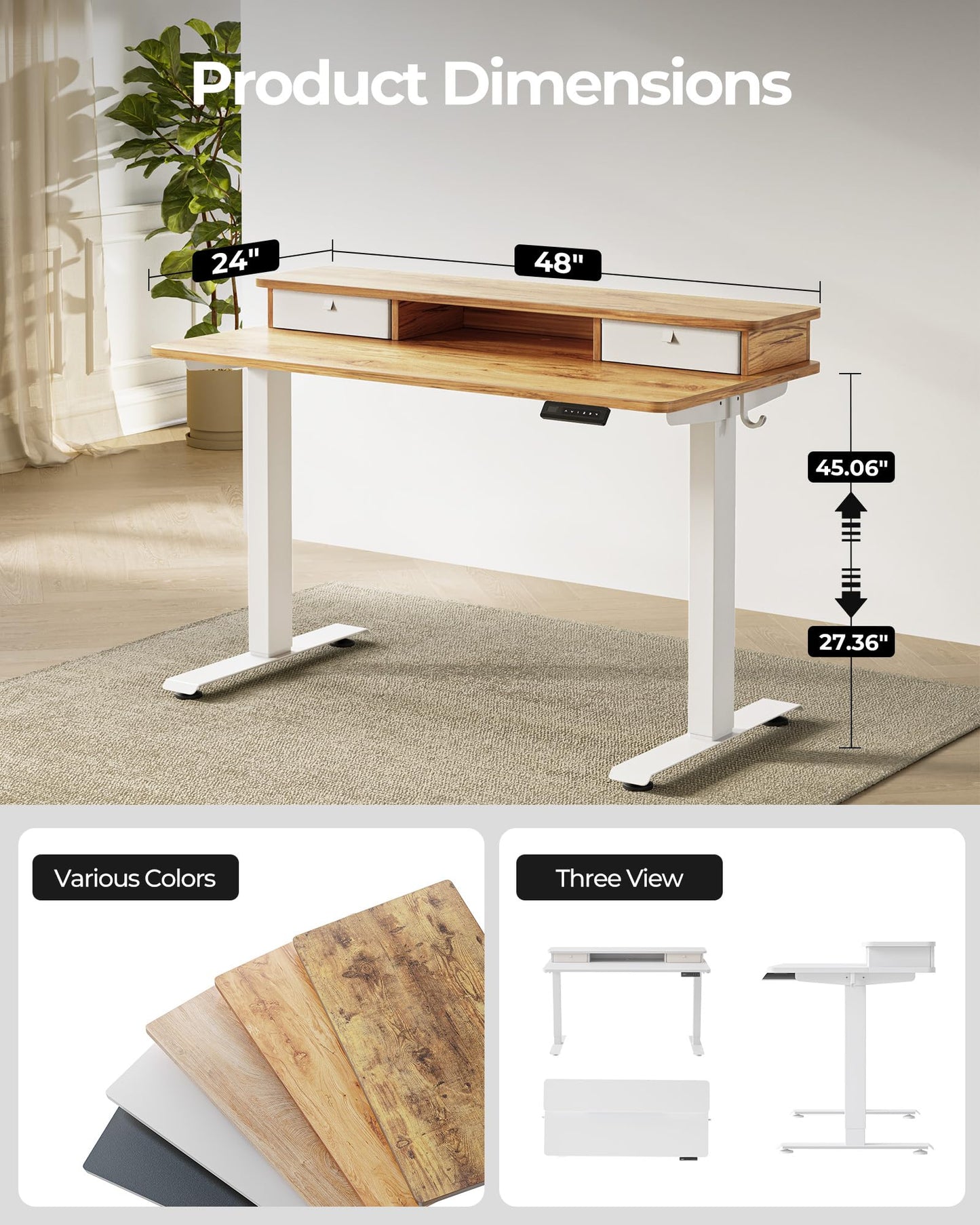 TENKIA 48x24 Inch Electric Standing Desk with Double Drawers, Adjustable Feet & Hooks, Ergonomic Home Office Workstation, Light Rustic