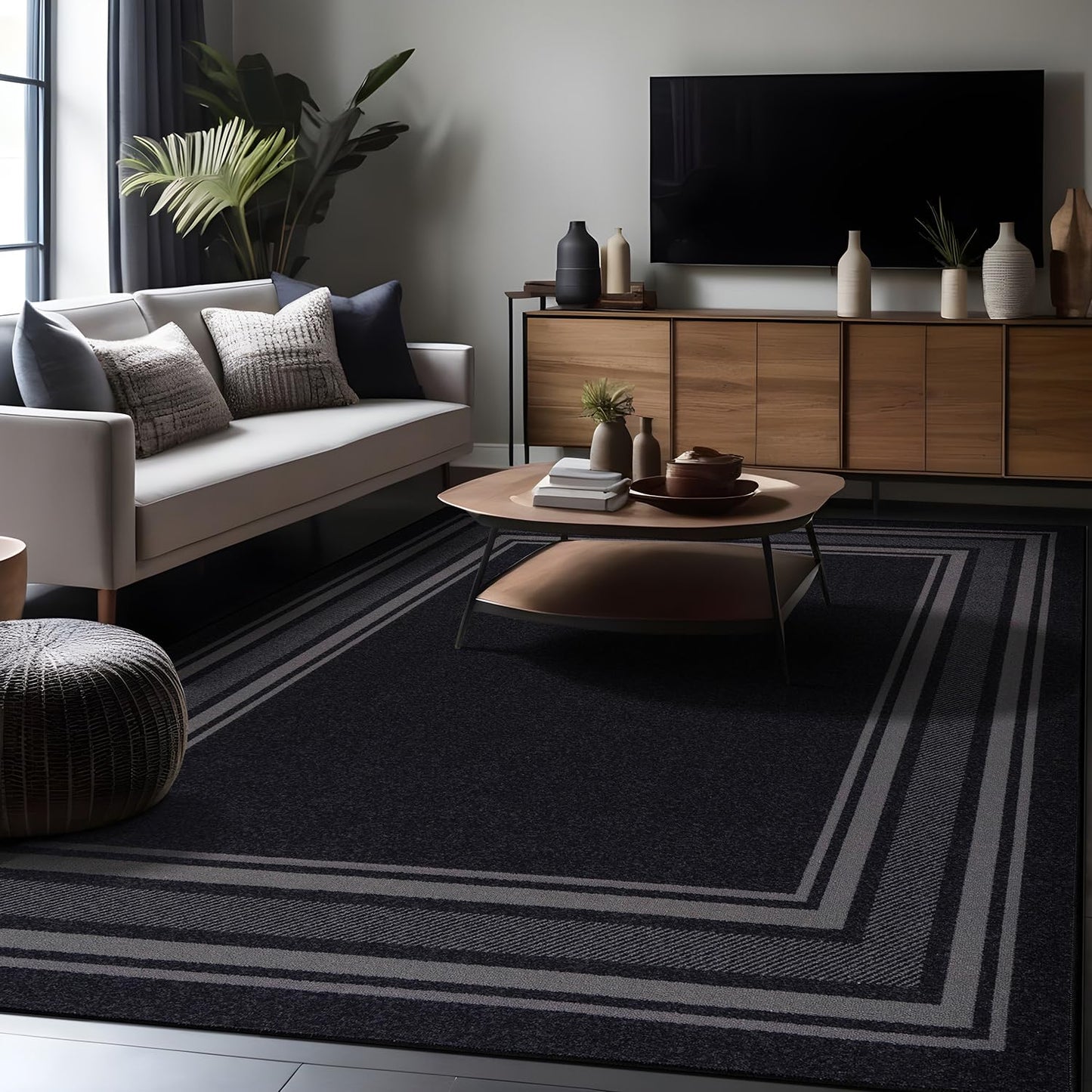 Luul Home Modern Bordered Non Slip Indoor Rugs for Living Room 3x5 Area Rugs for Kitchen, Rug for Bedroom, and Hallway, Stain Resistant Easy Cleaning Non Shedding Black 3 x 5