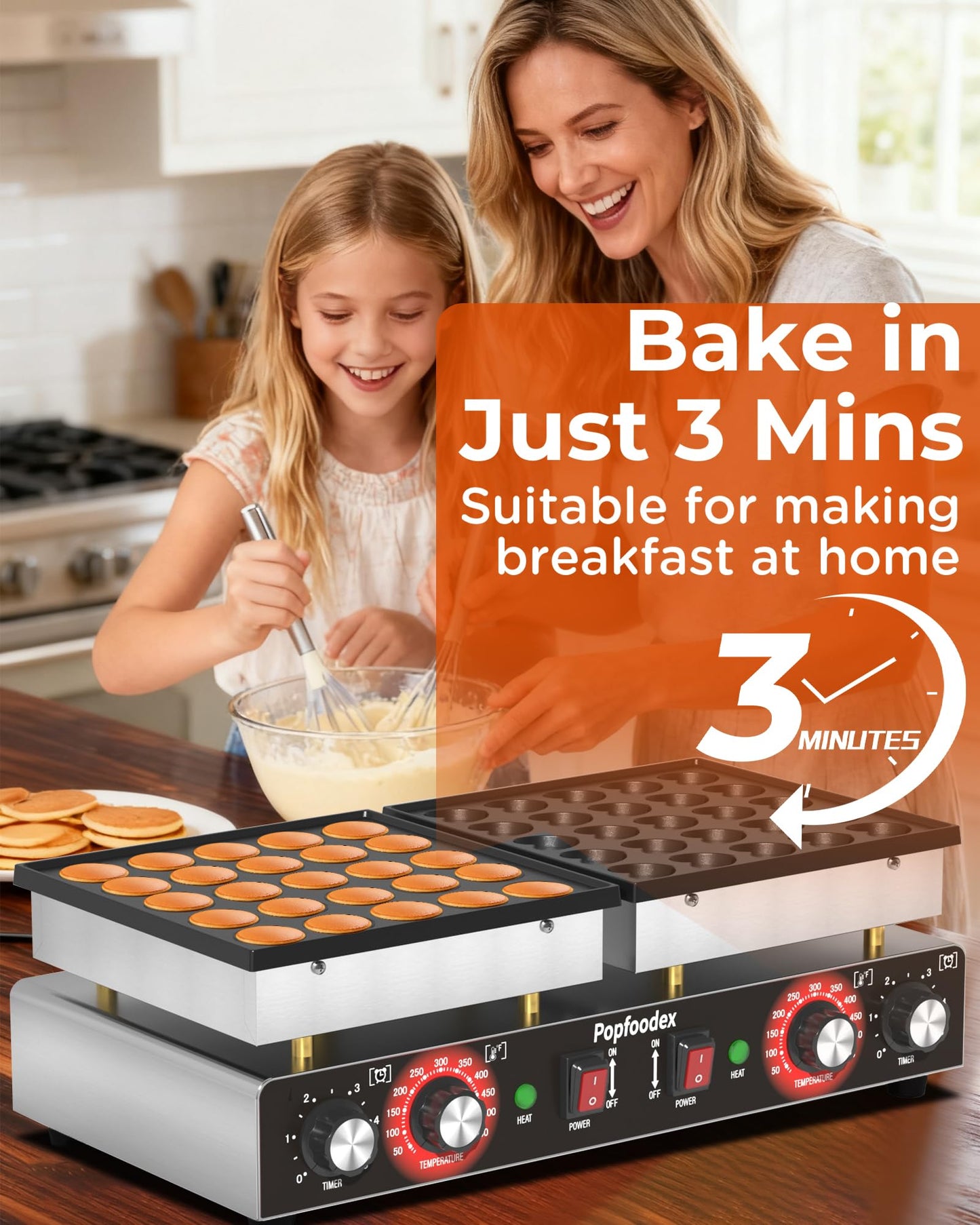 POPFOODEX 110V Mini Pancake Maker, 50PCS Commercial Dutch Pancake Griddle w/Non-Stick Coating, Pancakes Maker Machine With 2 Thermostats & 2 Timers, Suitable for Home Kitchens, Restaurants, Snack Bar