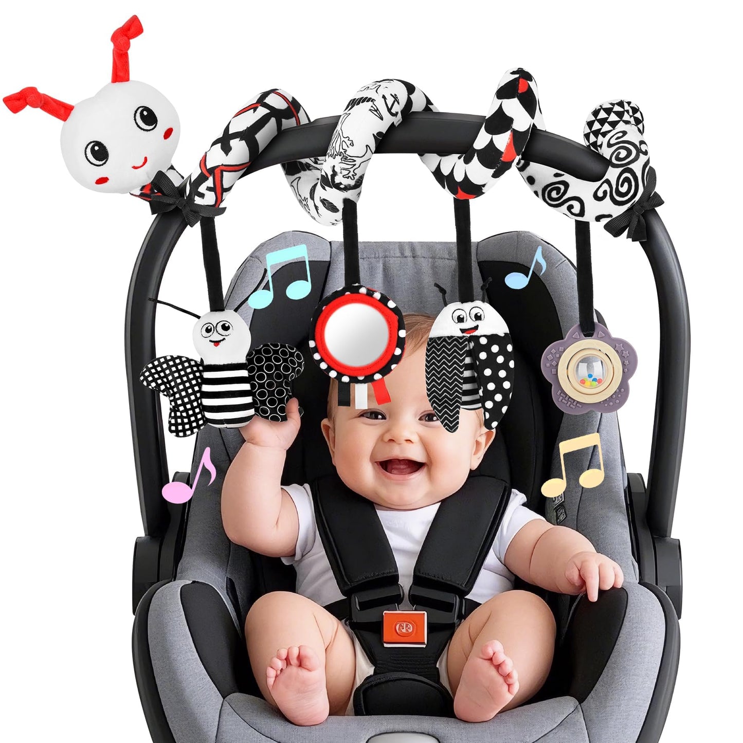 Zendstanding Car Seat Toys for Babies, 0-6 Months Stroller Activity Black White Baby Spiral Plush Toys Newborn High Contrast Sensory Carseat Toys with 4 Pendants Hanging Boys Girls Gift