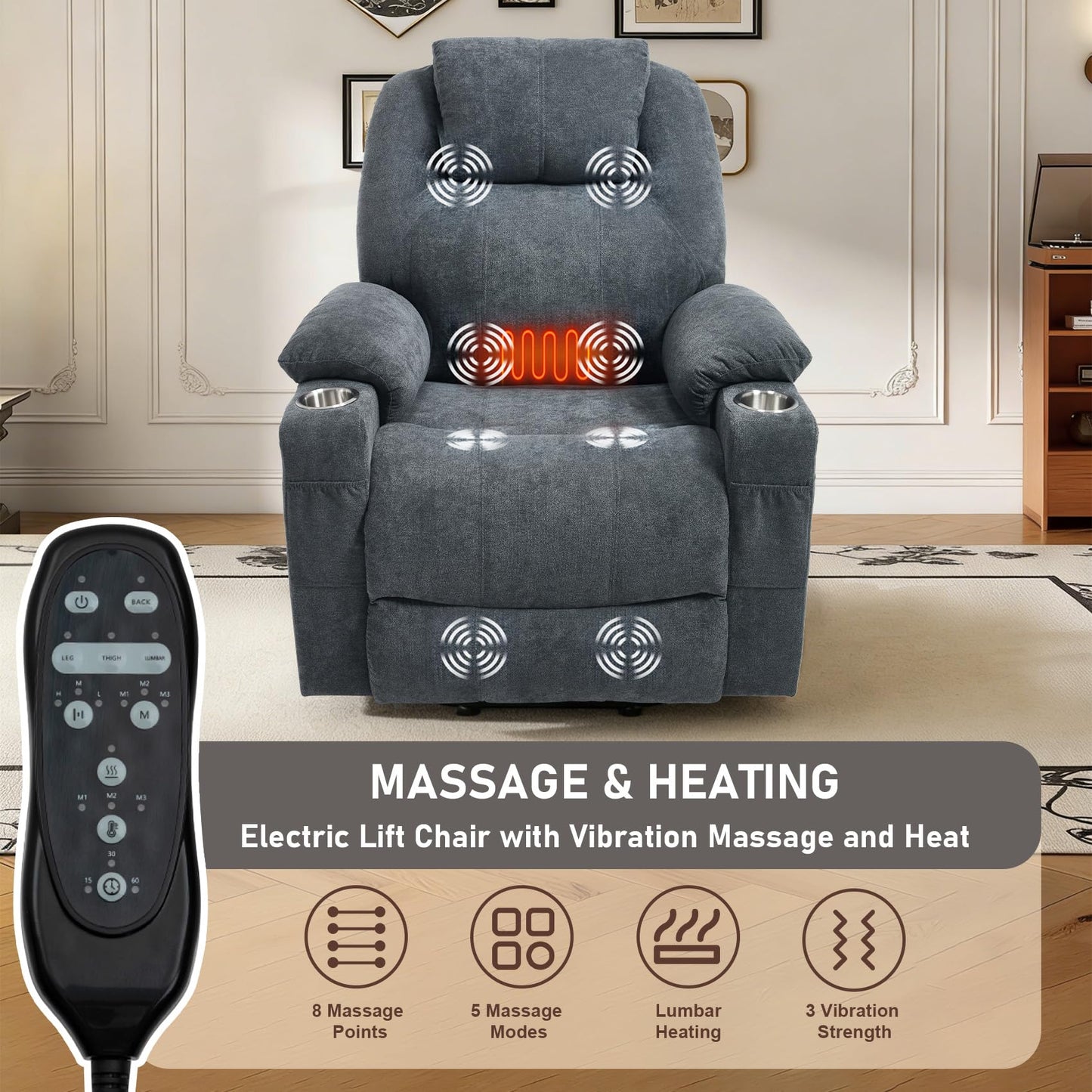 RHHVVR Electric Lift Recliner Chair, Overstuffed Zero-Gravity Recliner with Assisted Standing, Extra Wide Sofa with 8-Point Vibration Massage & Lumbar Heating, Medium-Soft, Grey