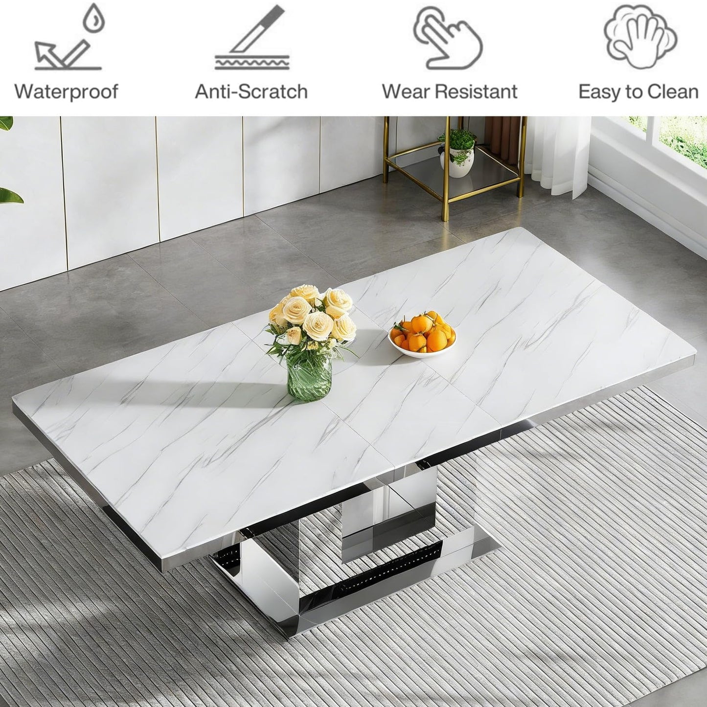 White Marble Extendable Dining Table Set for 10, 11-Piece Extendable Kitchen Table Set with 10 Blue Velvet Chairs, Modern 63"-94" Expandable Dining Room Table Set with Mirrored Pedestal for Kitchen