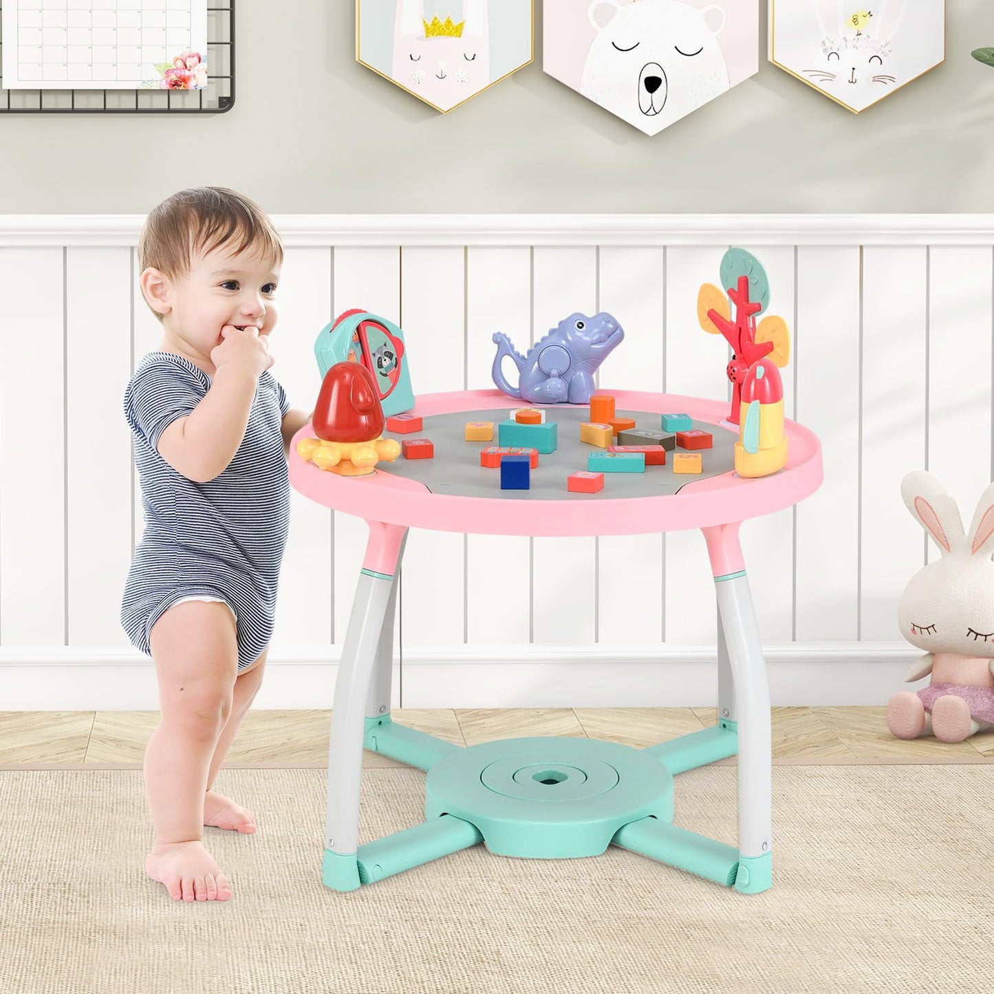 BABY JOY 5 in 1 Baby Activity Center, Baby Jumpers and Bouncers with Removable Toys, Lights & Music, 3 Adjustable Heights, Interactive Play Center for Toddlers Boys Girls 6-36 Months (Pink)