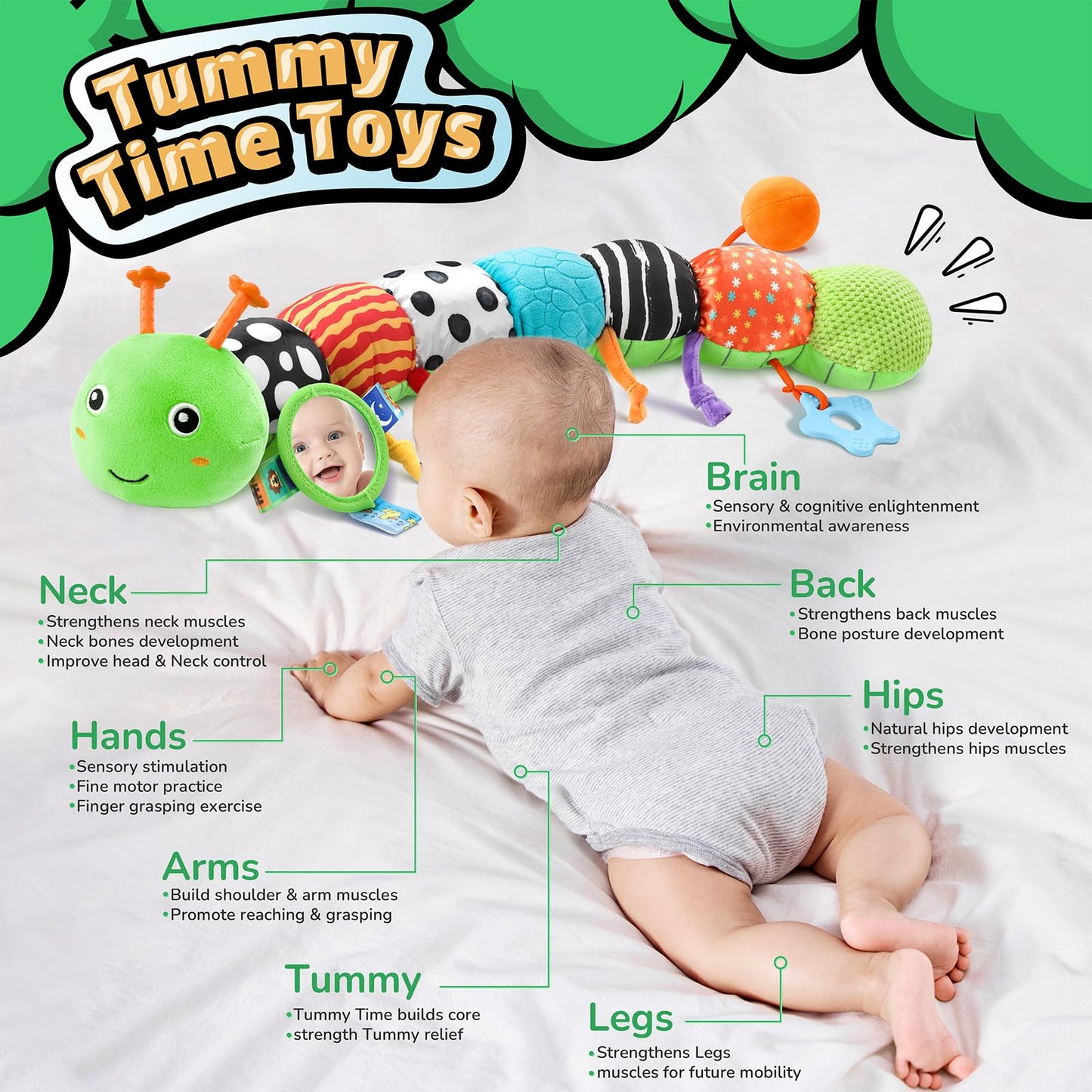 LIGHTDESIRE Baby Toys Musical Caterpillar,Infant Toys 3 6 12 Months Sensory Toy with Ruler Design,Mirror,Pull String,Crinkle&Ring Bell,Baby Teething Toy for Tummy Time Boy Girl Gifts (Lime Green)