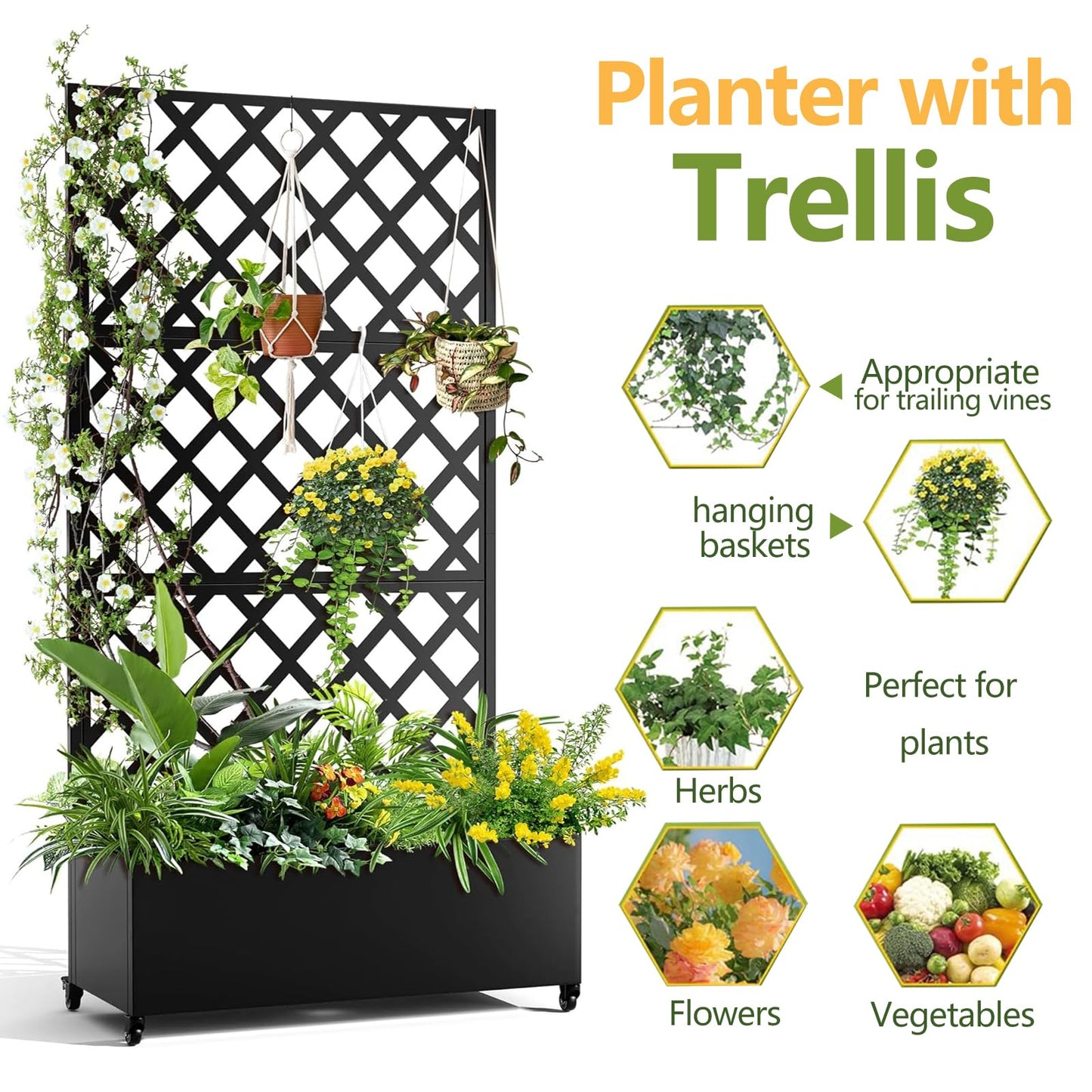 GarveeLife Metal Planter Box, with Diamond Lattice Trellis Planter Box, for Climbing Plants and Vines, Galvanized Raised Garden Bed on Wheels, Garden Bed with Trellis(72 in x35 in Black)