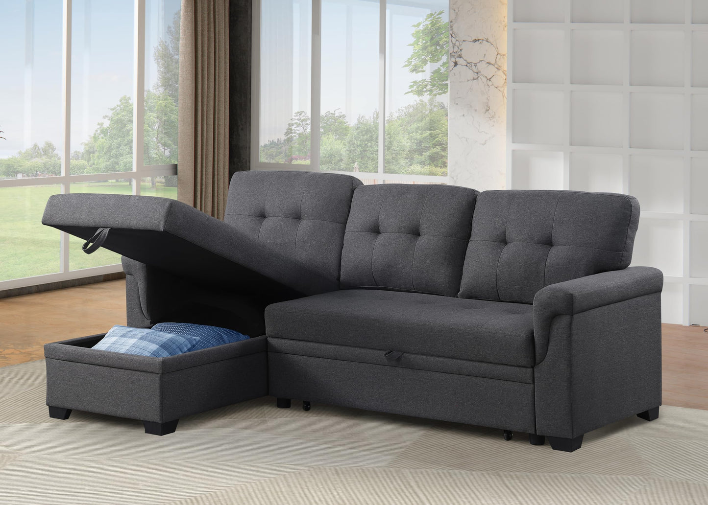 ERYE 83-inch Pull Out Sleeper Couch Bed, L-Shaped Reversible Sleeper Sectional Sofa Linen Blend Tufted Upholstered Corner Convertible Sofa Bed with Storage Chaise