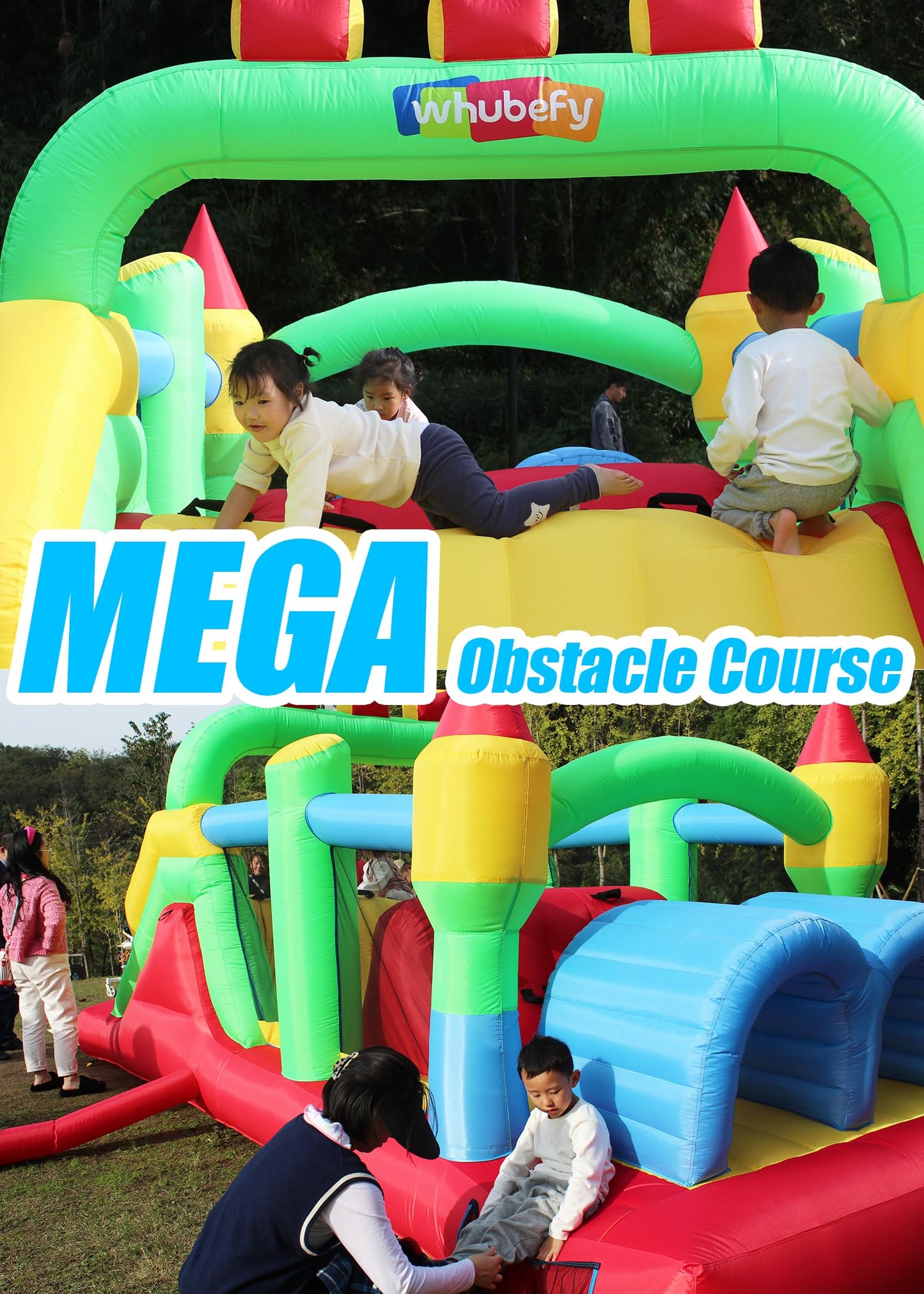 Whubefy 18x8.2FT Giant Inflatable Bounce House Obstacle Course for Big Kids 3-6 8-12 with Extra Large Slide, Racing Crawl Tunnels, Blow Up Race Track Bouncy Castle w/ 680W Blower for Backyard Outdoor