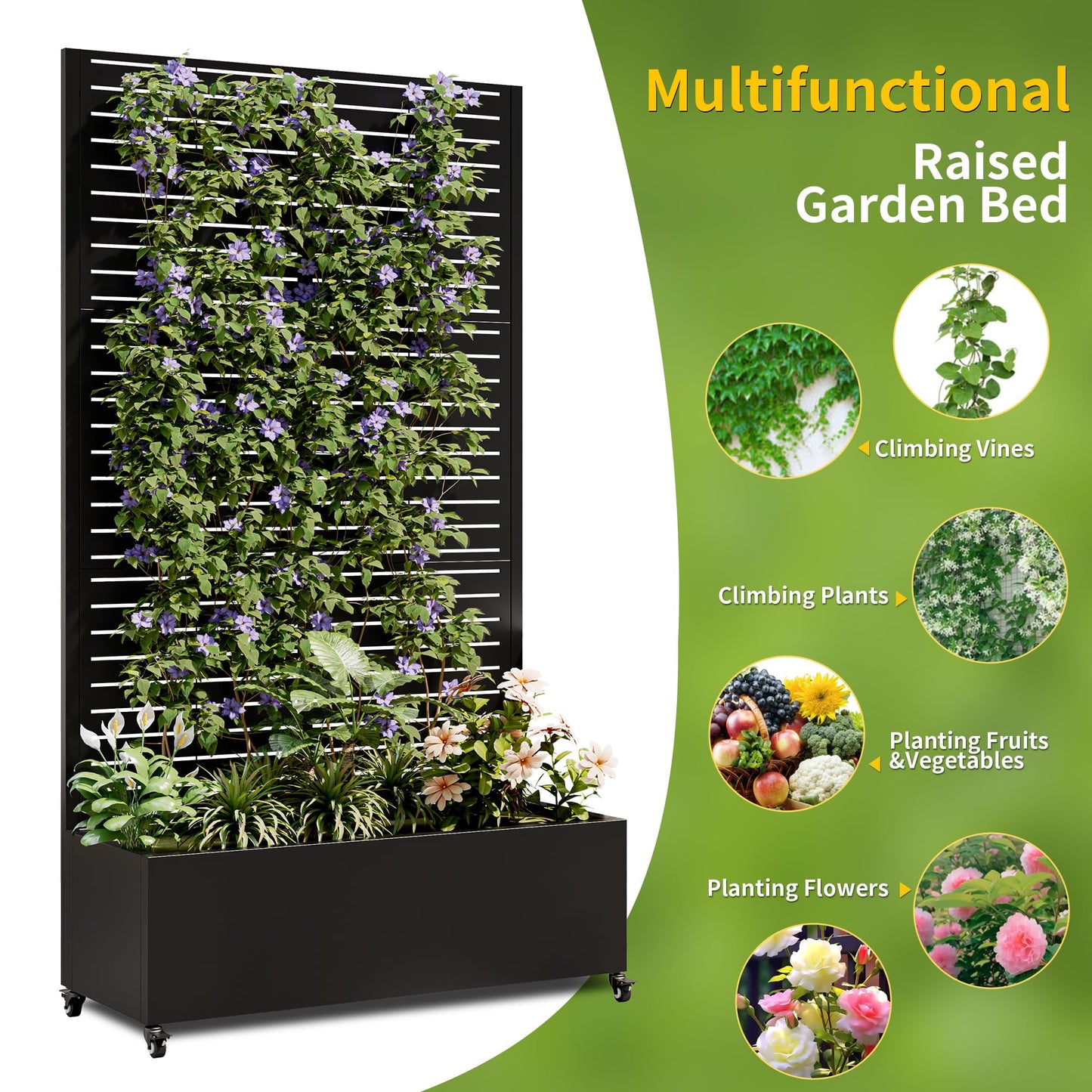 Clyrava Metal Raise Garden Bed with Trellis Outdoor Indoor, 73'' Tall Planter Box with Wheels, Large Planter with Drainage Holes & Lockable Casters for Climbing Plants, Vegetables, Vines (Rectangle A)