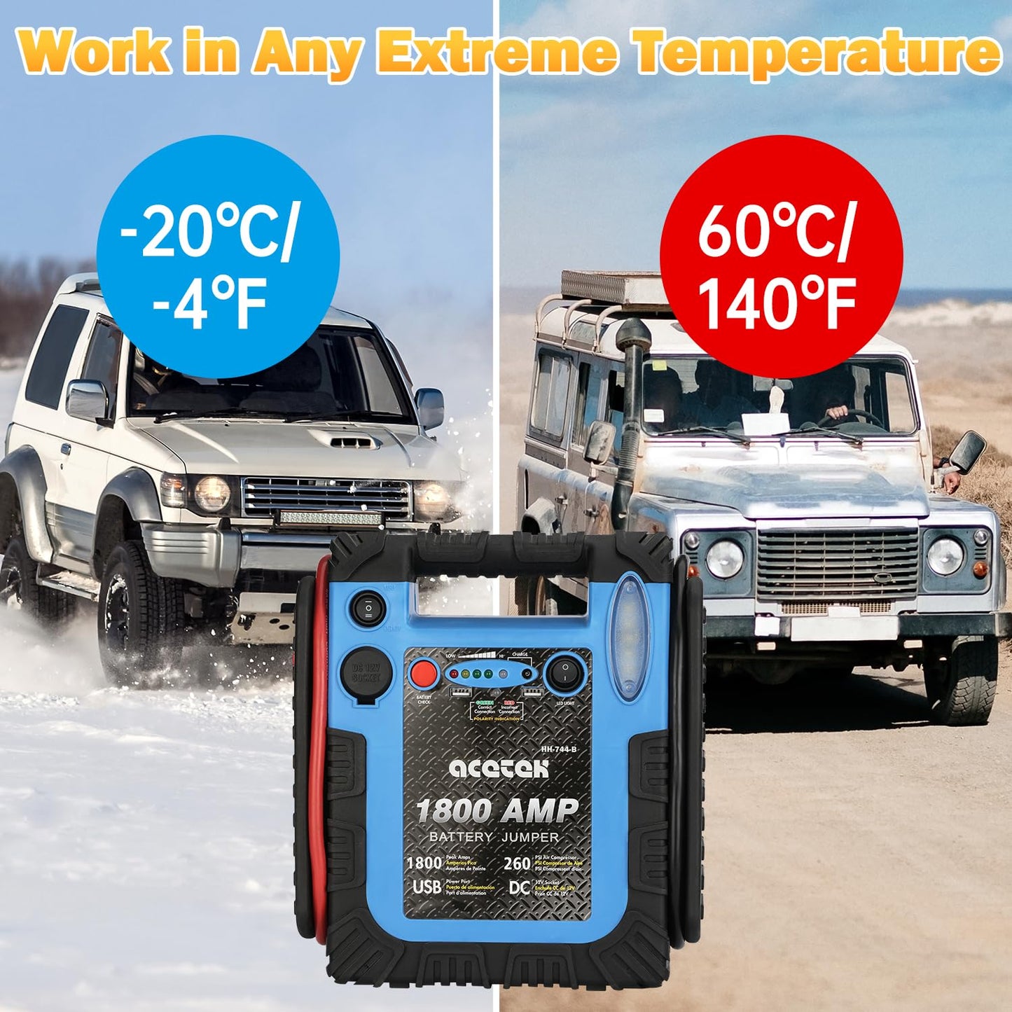 1800 Amp Jump Starter with Air Compressor, acetek Car Battery Jump Starter 260 PSI Tire Inflator, 20000 mAh 12V Auto Lead-Acid Battery Booster (Up to 6L Gas or 6L Diesel Engine) with LED Light & USB