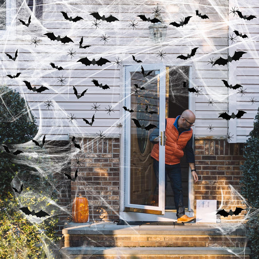 Famoby 1200 sqft Halloween Spider Webs and 120pcs Fake Bats and 50pcs Fake Spiders Super Stretch Cobwebs Party Decorate for Halloween Theme Indoor and Outdoor Decoration