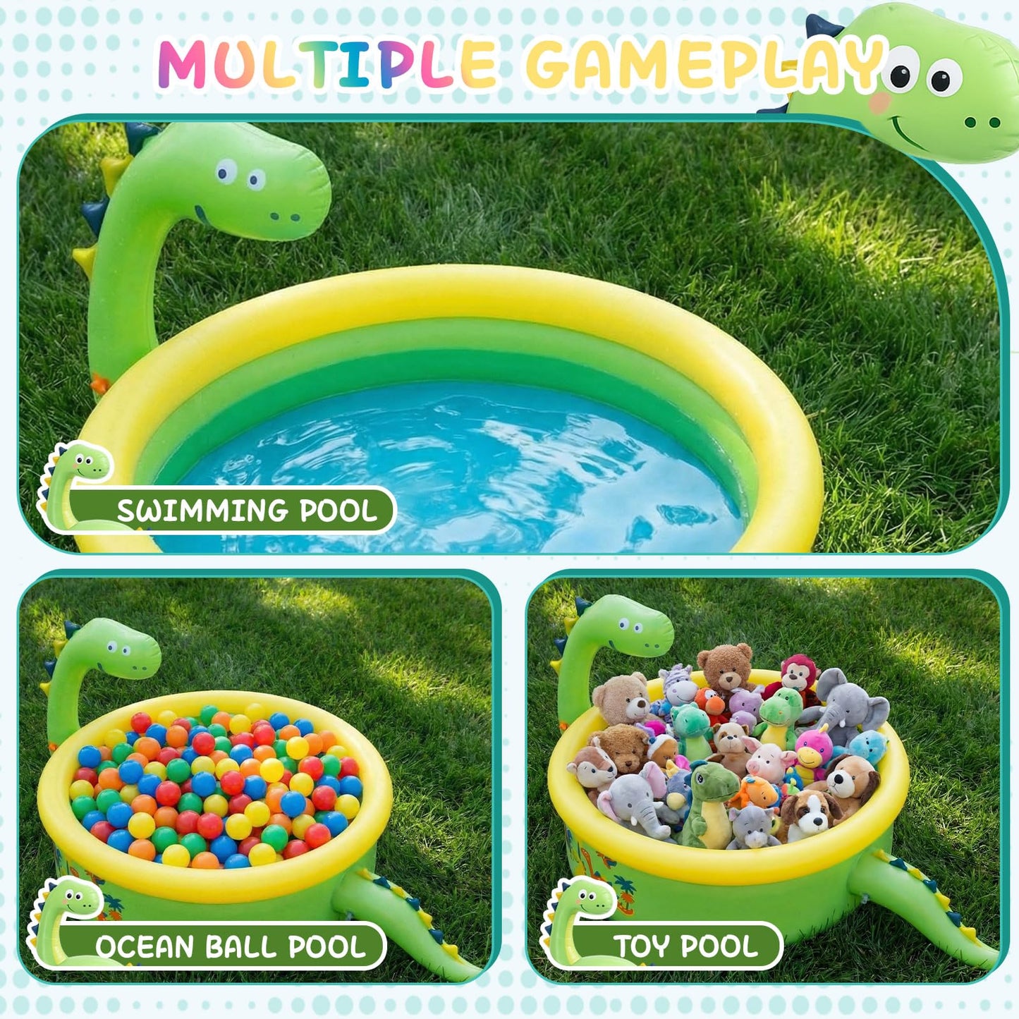 Tasdurian Dinosaur Inflatable Kiddie Pool Splash Pads for Toddlers Kids Splash Pads with Sprinkler Outdoor Blow up Mat Baby Dinosaur Play Swimming Pool for Backyard Garden, 69 x 24 in