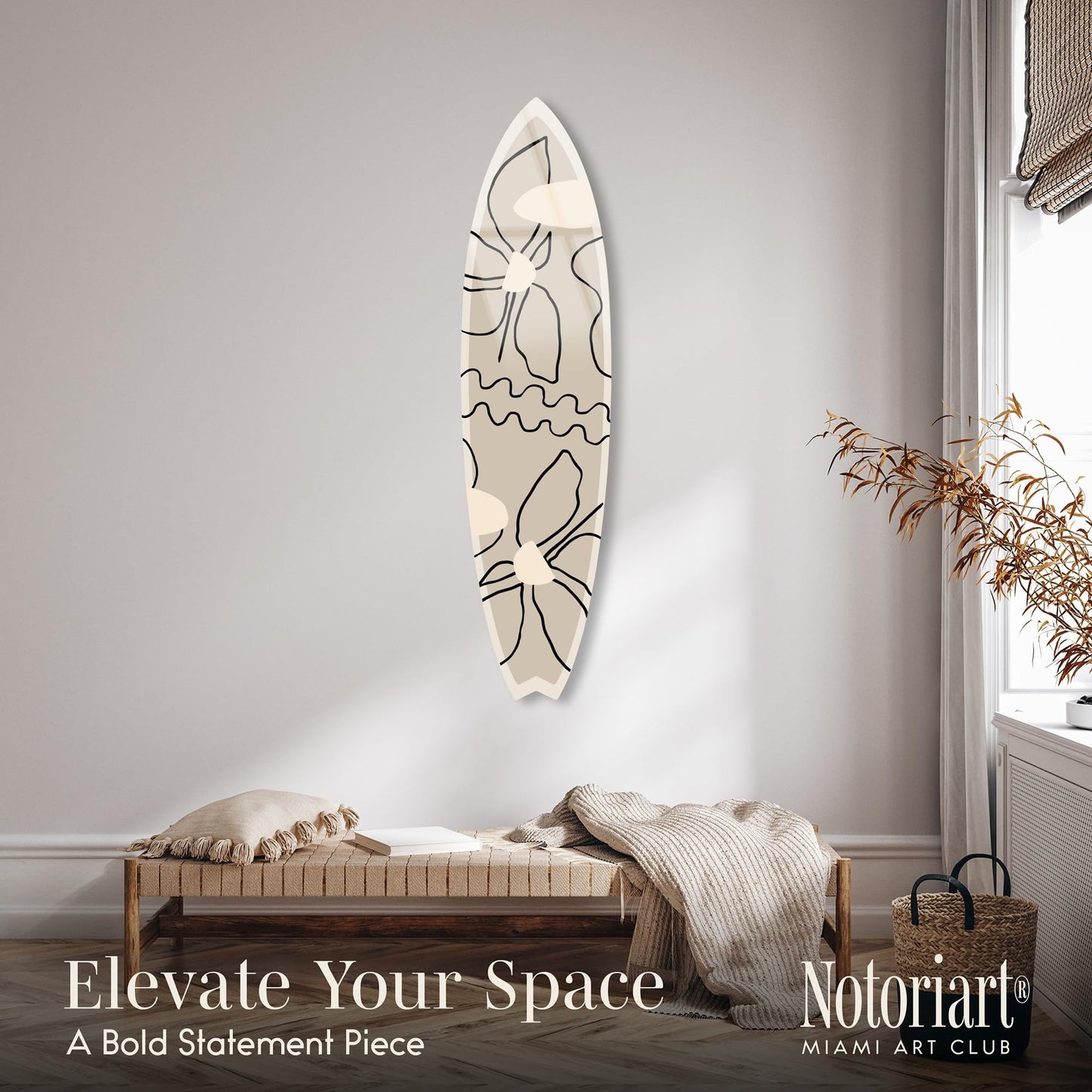 Notoriart Nature Boheme Surfboard Acrylic Wall Art Die-Cut Coastal Modern High-Gloss Home Decor, 15" x 60"