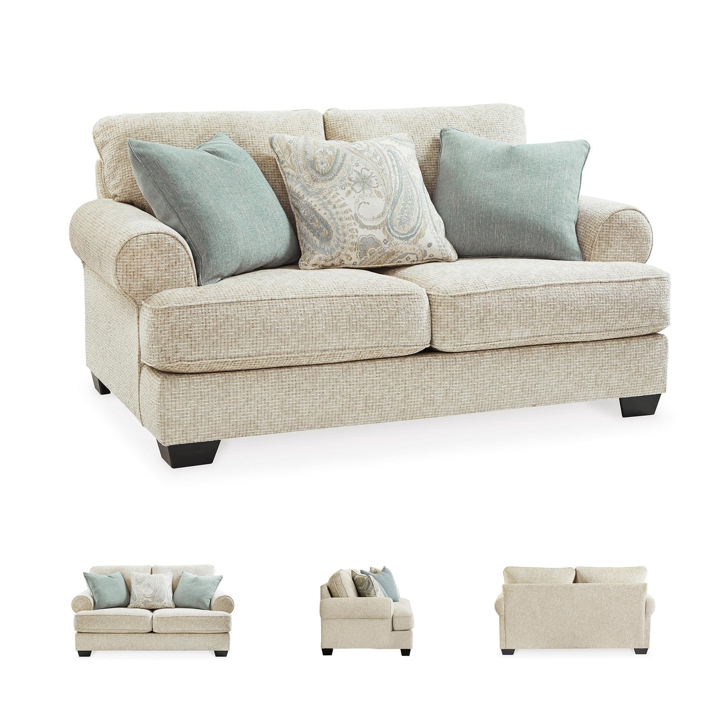 Signature Design by Ashley Monaghan Vintage Loveseat with Accent Pillows, Reversible Cushions and Rolled Arms, Beige