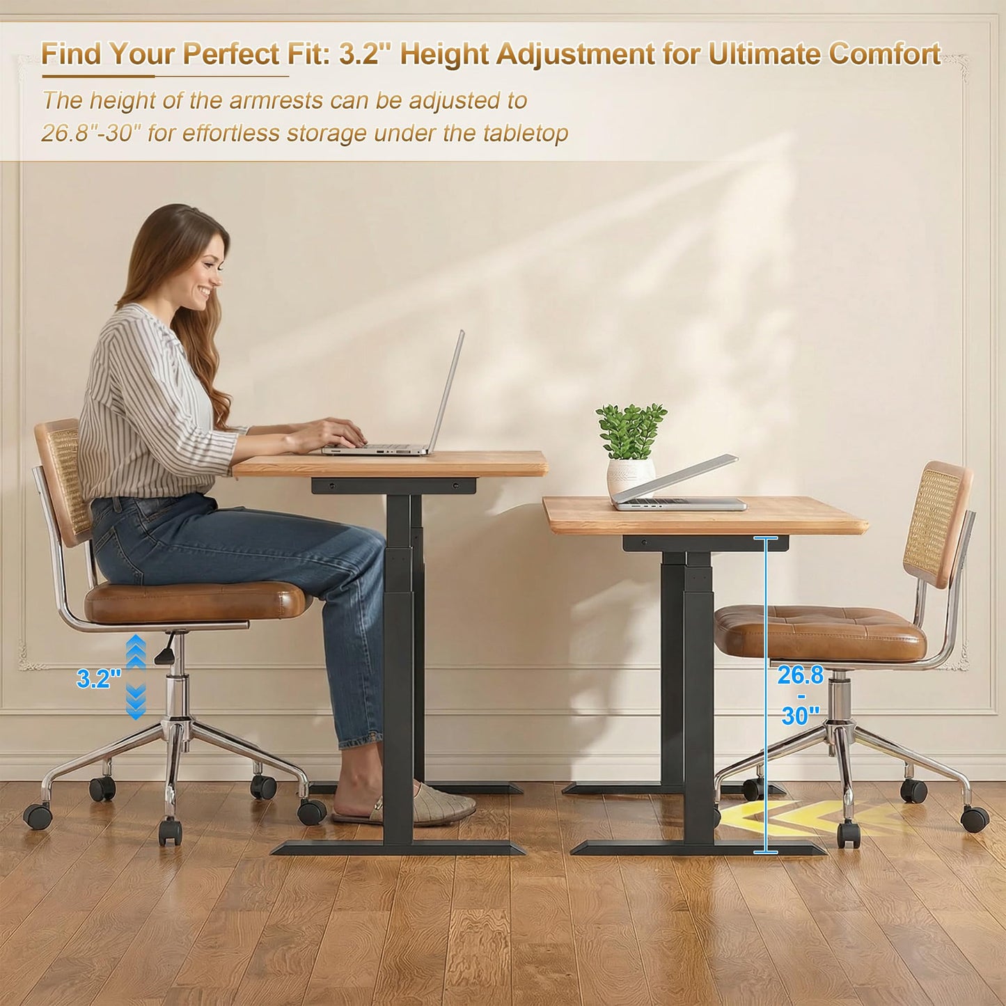 Zesthouse Mid Century Home Office Chair Leather Desk Chair with Rattan Back, Vanity Chair for Girls Women, Upholstered Swivel Chair, Adjustable Height Computer Task Chair