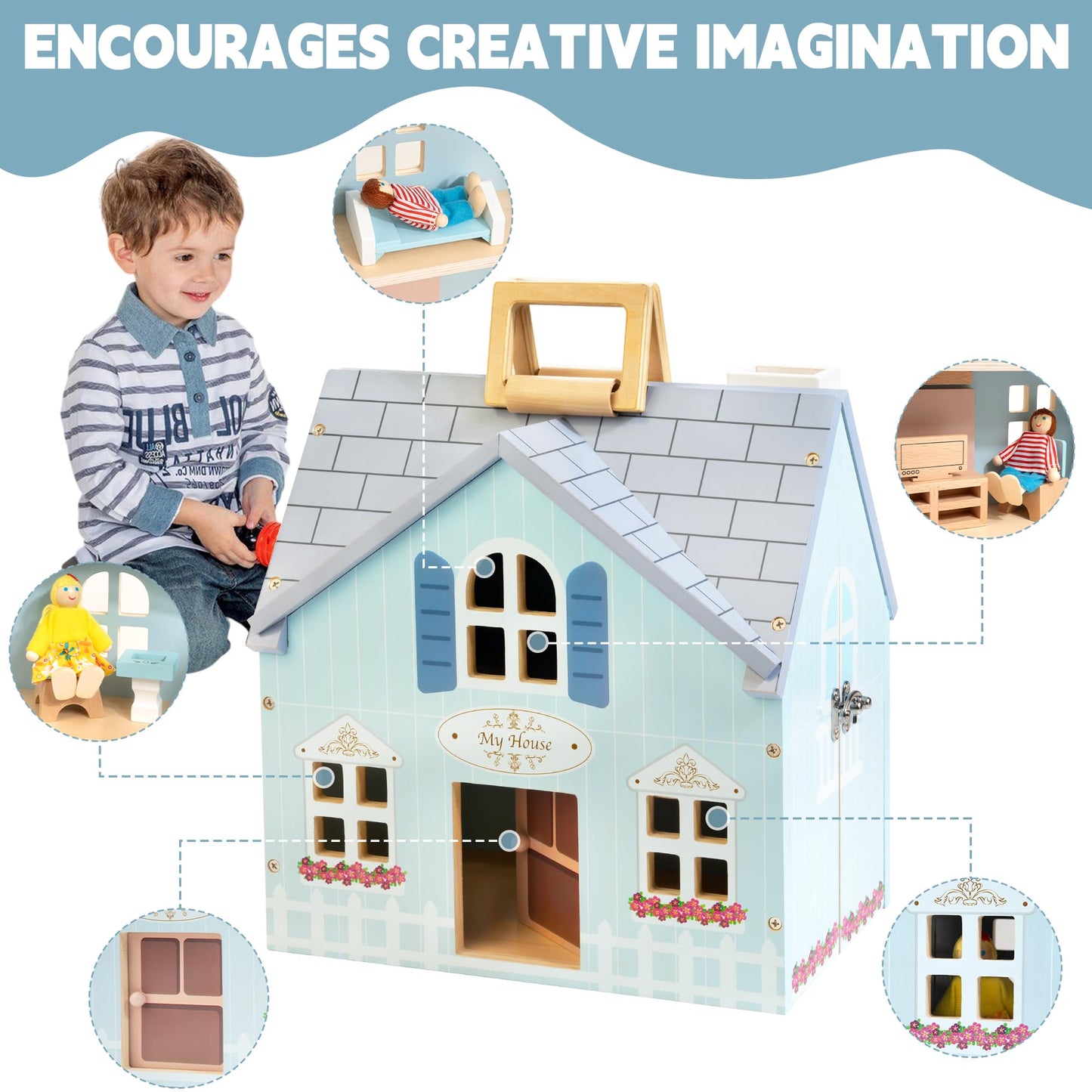WOODMAM Foldable Wooden Dollhouse with 2 Dolls & Pet Set, 20PCS Furniture Wooden Doll House for Girls Age 3-6, Portable Pretend Play Toy, Christmas Birthday Gift for Toddlers