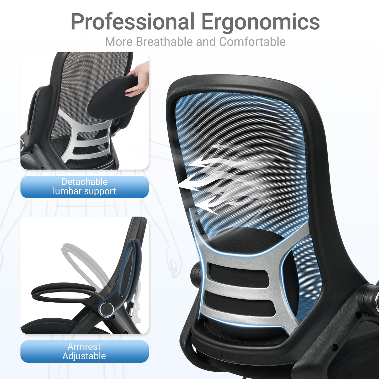 HYLONE 400lbs Big and Tall Heavy Duty Drafting Chair 5" Thickened Seat Tall Office Chair Flip-Up Armrests Ergonomic Chair with Lumbar Support and Adjustable Footrest Ring Standing Desk Chair (Black)