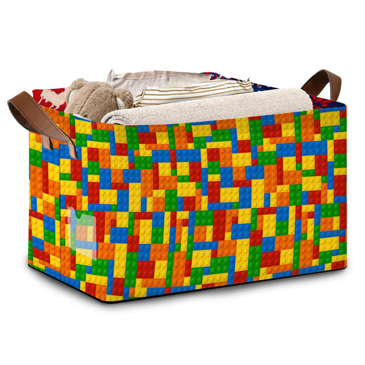 Colorful Building Blocks Storage Basket Large 17x11.5x10.5 Inche-Collapsible Fabric Organizer Bin with Handles for Kids Room, Toys, Playroom-Decorative Hamper with Educational Block-Single Pack
