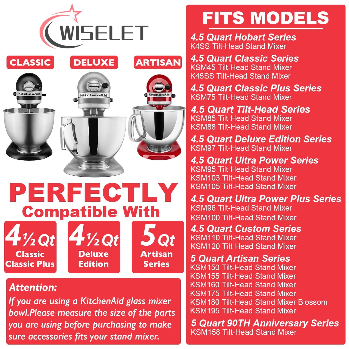 Wiselet Stainless Steel Accessories for KitchenAid 4.5-5 Qt Tilt Head Stand Mixer, Includes 6 Wire Whisk, Flat Beater, Dough Hook for KitchenAid, Dishwasher Safe and Heavy Duty, Fits for KSM45, KSM150