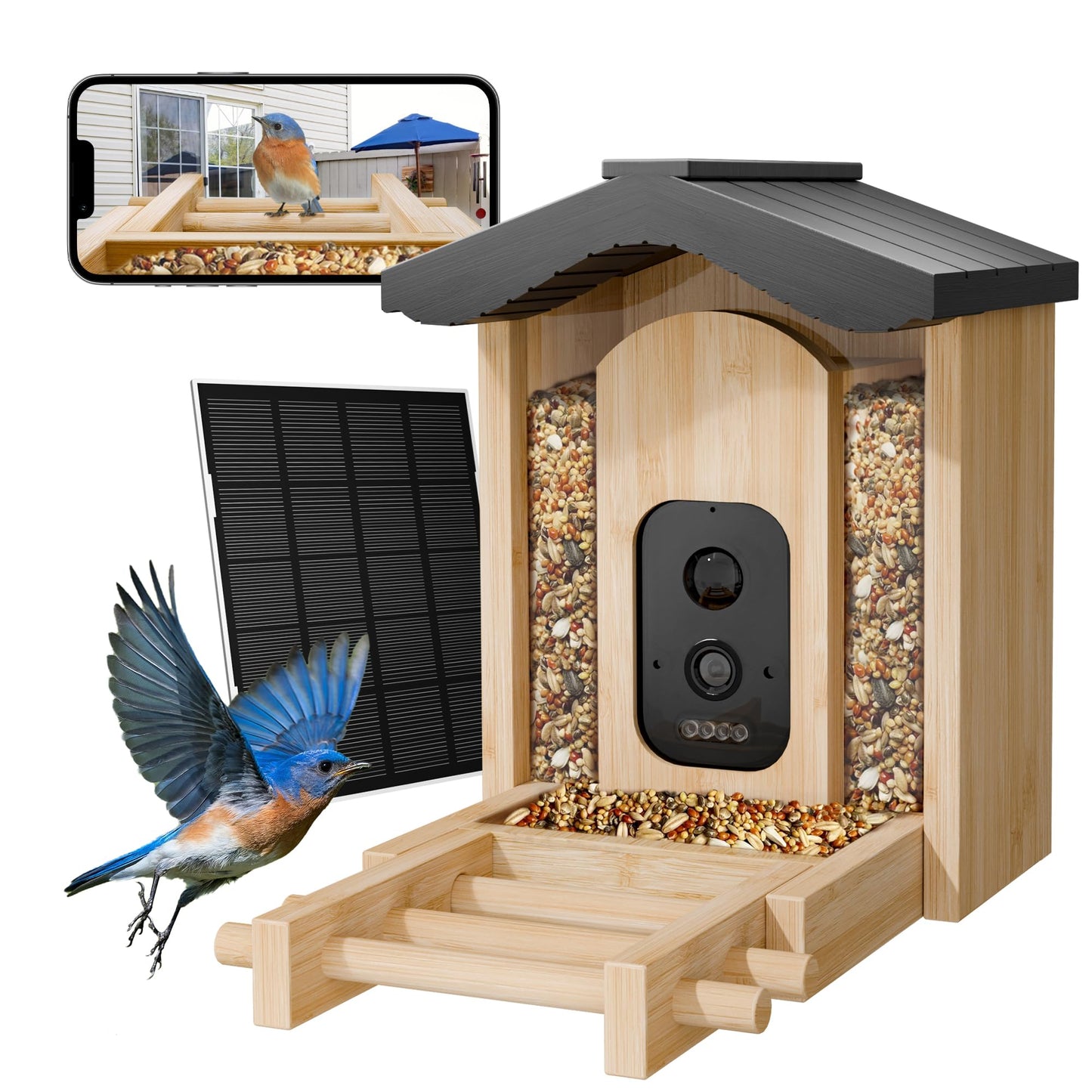 Smart Bird Feeder with Camera, Wild Bird Feeder for Outdoors Bamboo Bird House Watching Camera with AI Identify 11K+ Birds Species & Real-time Notifications, Gifts for Mom Dad Birdlovers, Gable