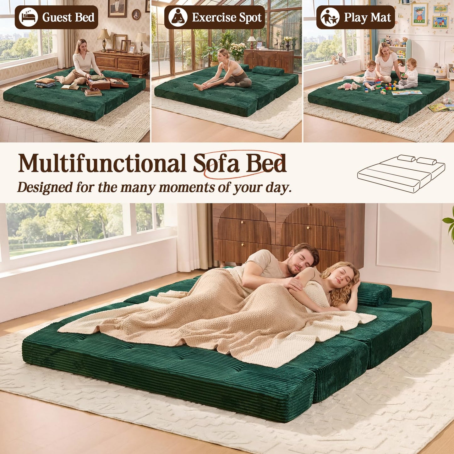 LOOMORA 78.7IN Folding Sofa Bed - Convertible Sleeper Sofa Couch with Removable Pillows, 3 Seater Couches Bed for Living Room, Bedroom, Apartment, No Assembly Required, Freestanding, Corduroy, Green