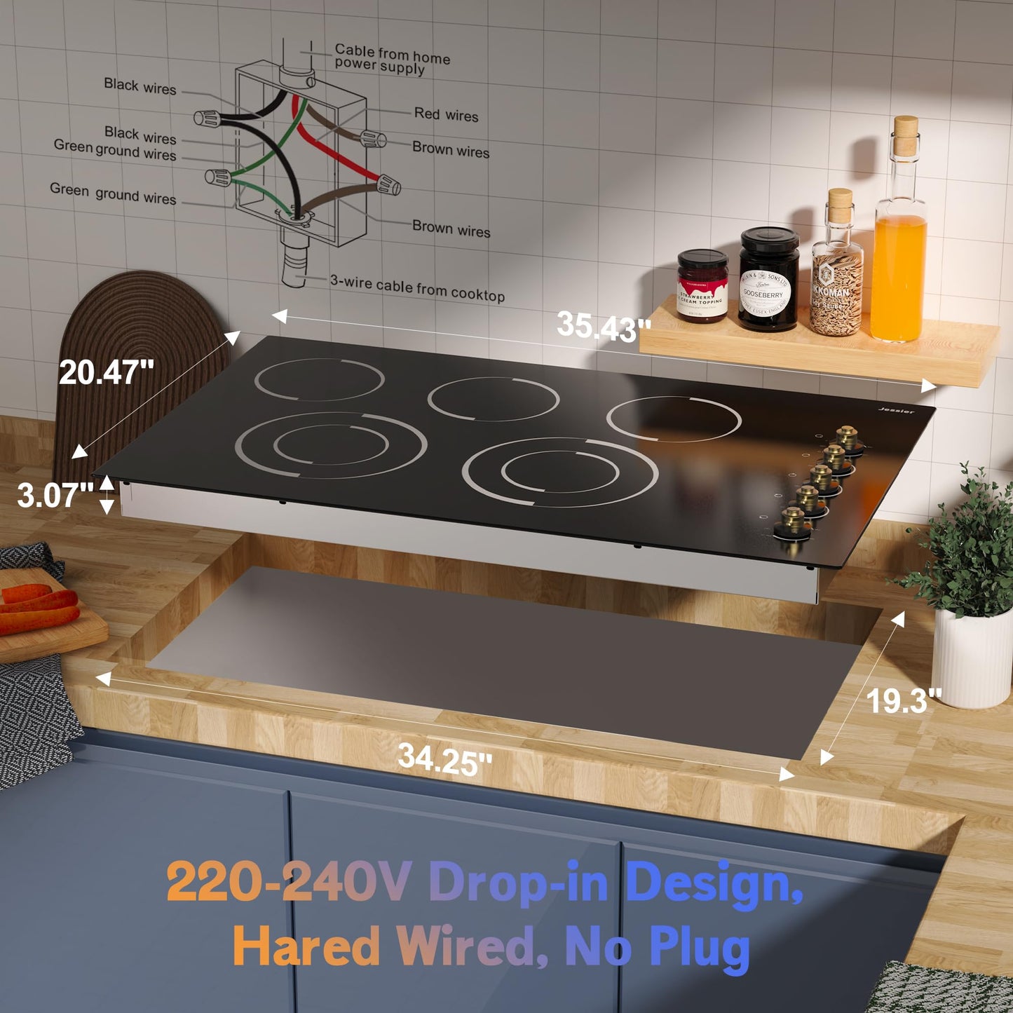 Jessier Electric Cooktop 36 Inch - Drop-in(34.25"x19.3") 5 Burner Electric Stove Top 8400W High Power, 36" Ceramic Cooktop Stove with Knob Touch, Dual Ring, Overheat Protection, 220-240V Hard Wired
