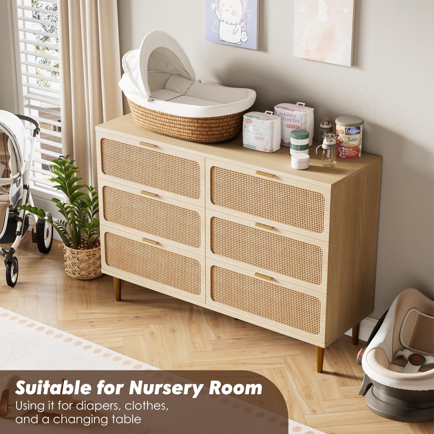 GarveeHome Rattan 6 Drawer Dresser for Bedroom, Large Double Dresser with Deep Drawers, Wooden Chest of Drawers for Closet with Wide Top, for Living Room, Hallway, Kids Room, Natural
