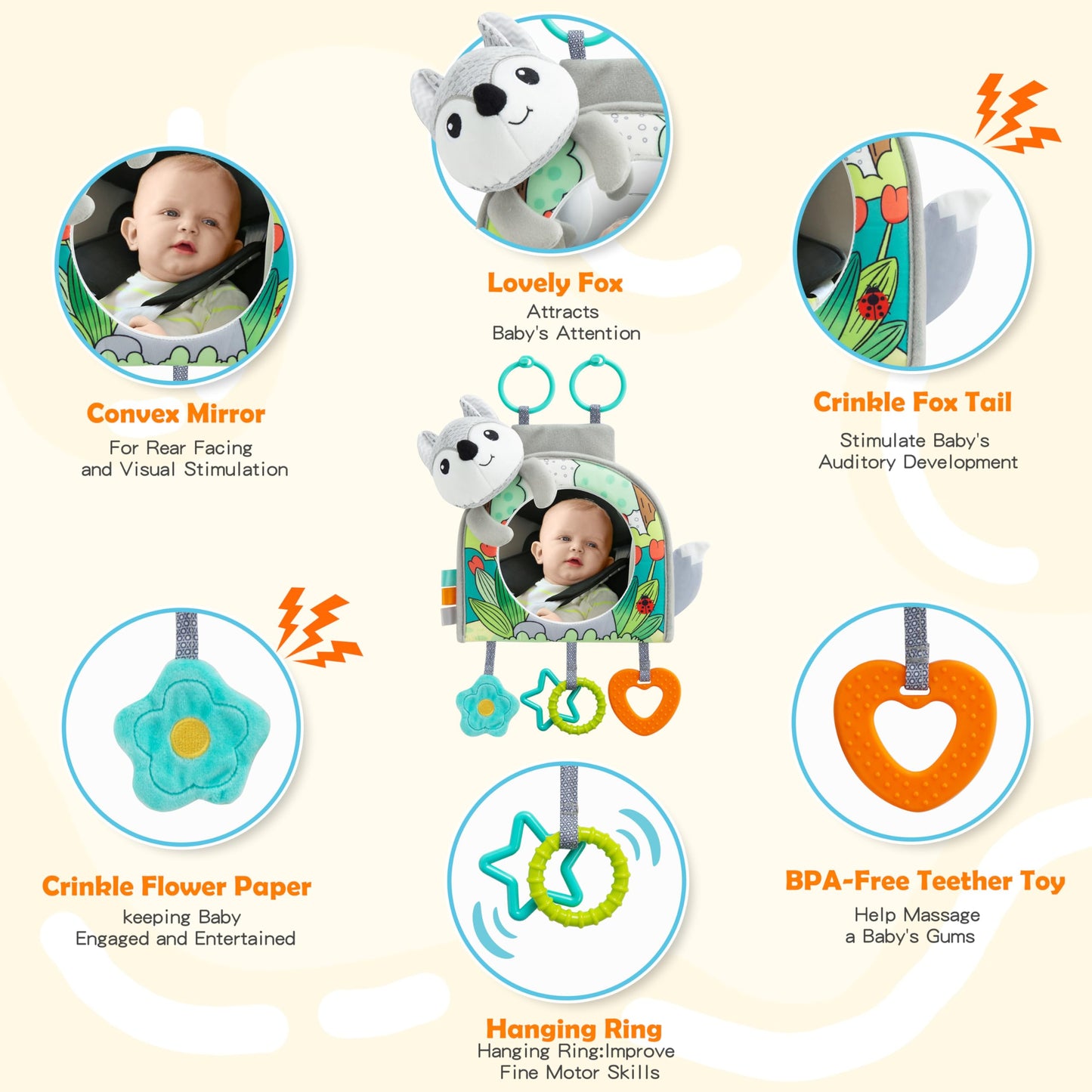 Lynncare Car Seat Toy, Baby Car Mirror Toy for Rear Facing, Travel Baby Activity Center with Hanging Engaging Toys for Infants Babies 0-6-12-18 Months Boy Girl