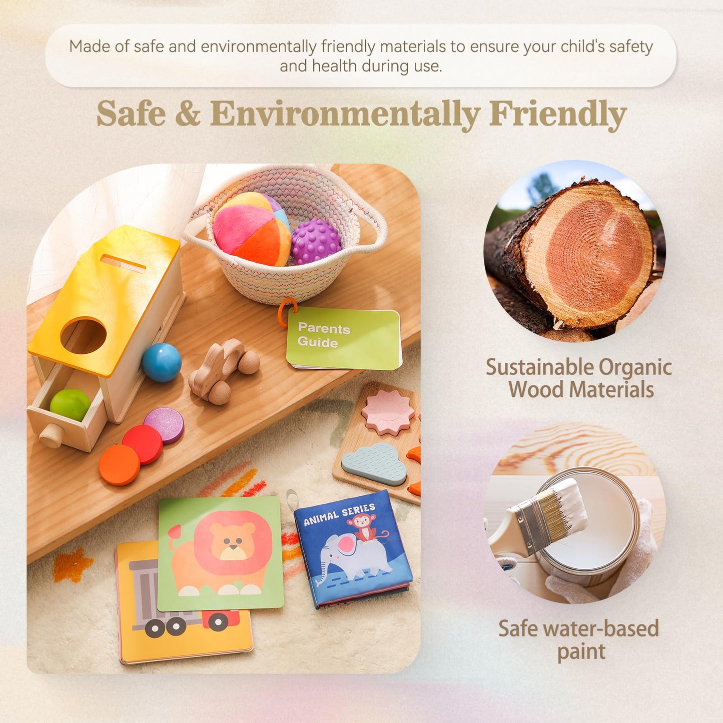 Montessori Toys for Babies 6-12 Months 6 in 1 Learning Educational Toys Set Wooden Toys Play Kit Includes Object Permanence Box, Touch & Match Board, Sensory Ball & Treasure Basket, Soft Baby Book
