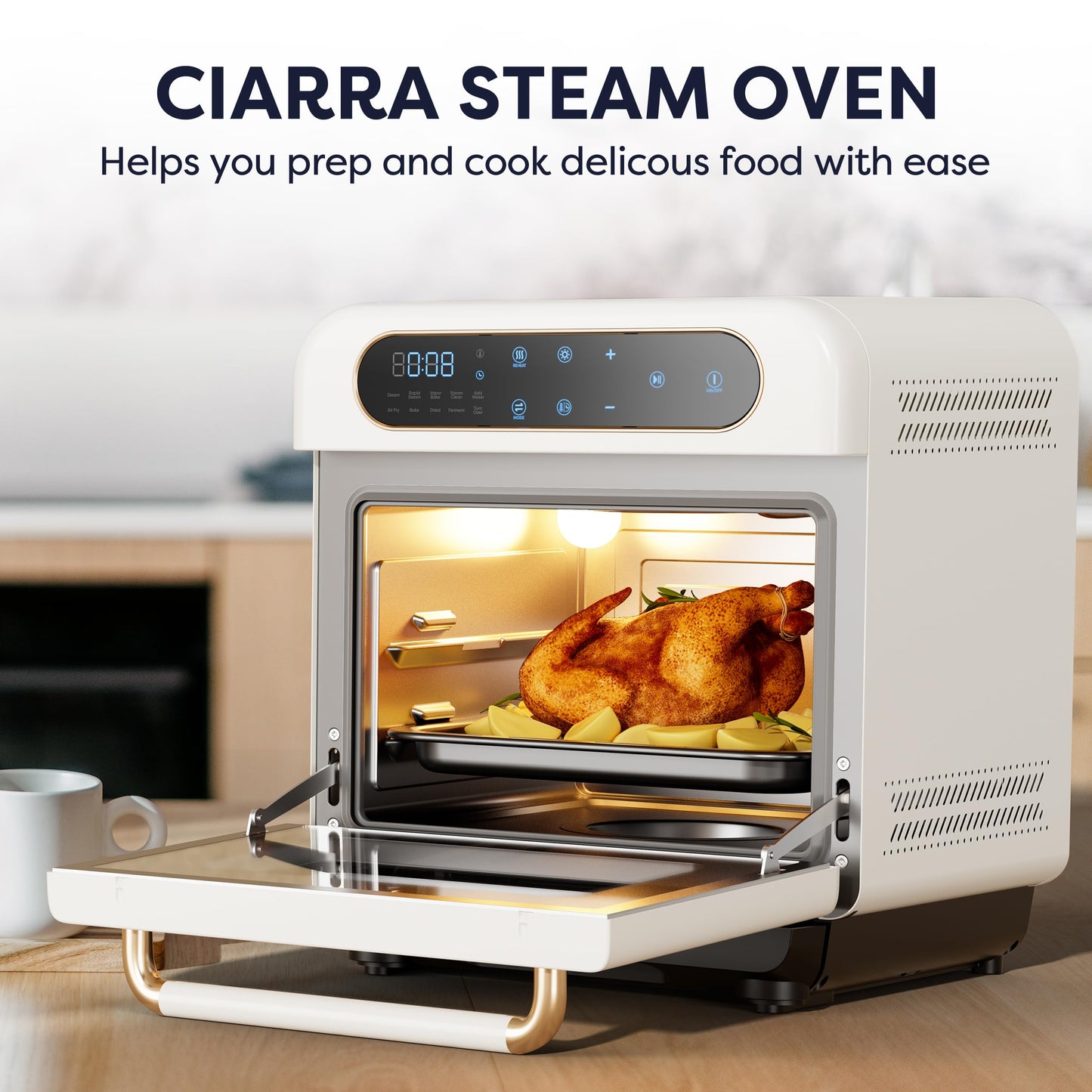 CIARRA 8-in-1 Air Fryer Steam Oven Countertop, 13QT Mini Toaster Oven with Steam, Rapid Steam, Air Fry, Vapor Bake, Steam Clean, Bake, Dried, Ferment, White