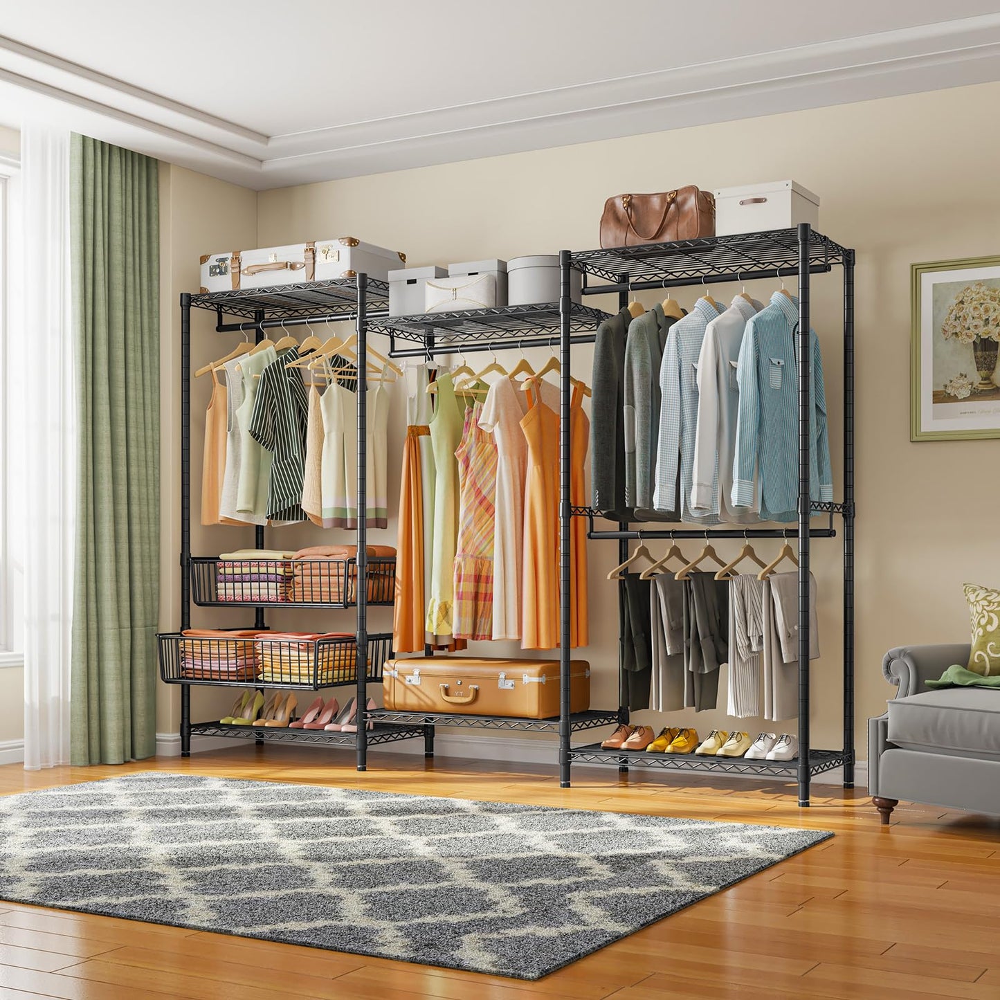 VIPEK V10 Garment Rack Large Size Heavy Duty Clothes Rack with Hanging Rods, Adjustable Shelves & 2 Slid Storage Baskets, Wire Clothing Rack 68.9" W x 15.7" D x 76.4" H, Max Load 920 LBS, Black