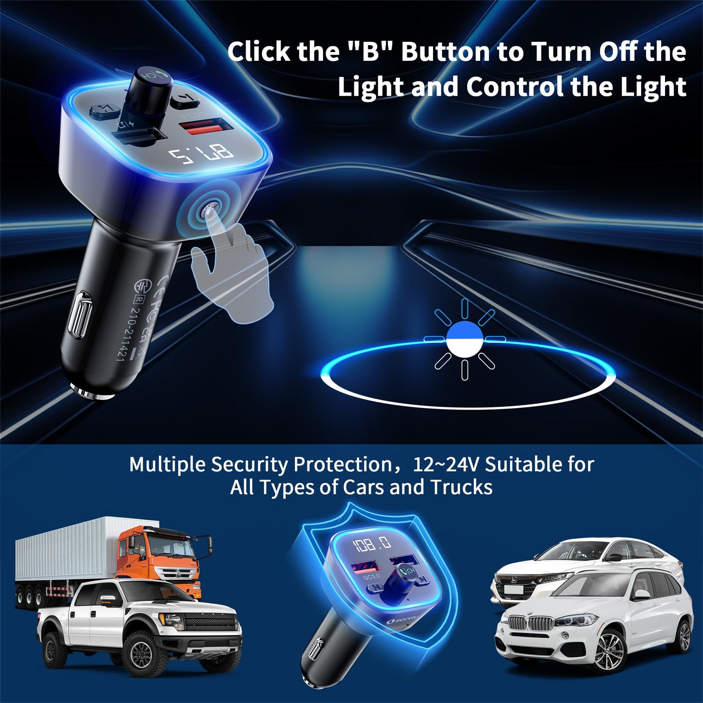SONRU Bluetooth 5.3 FM Transmitter, Wireless Radio Adapter Car Kit, Audio Receiver Car Charger, Wireless FM Radio Transmitter, Hands-Free Calling and 2 USB Ports Charger, HiFi Treble & Bass Player