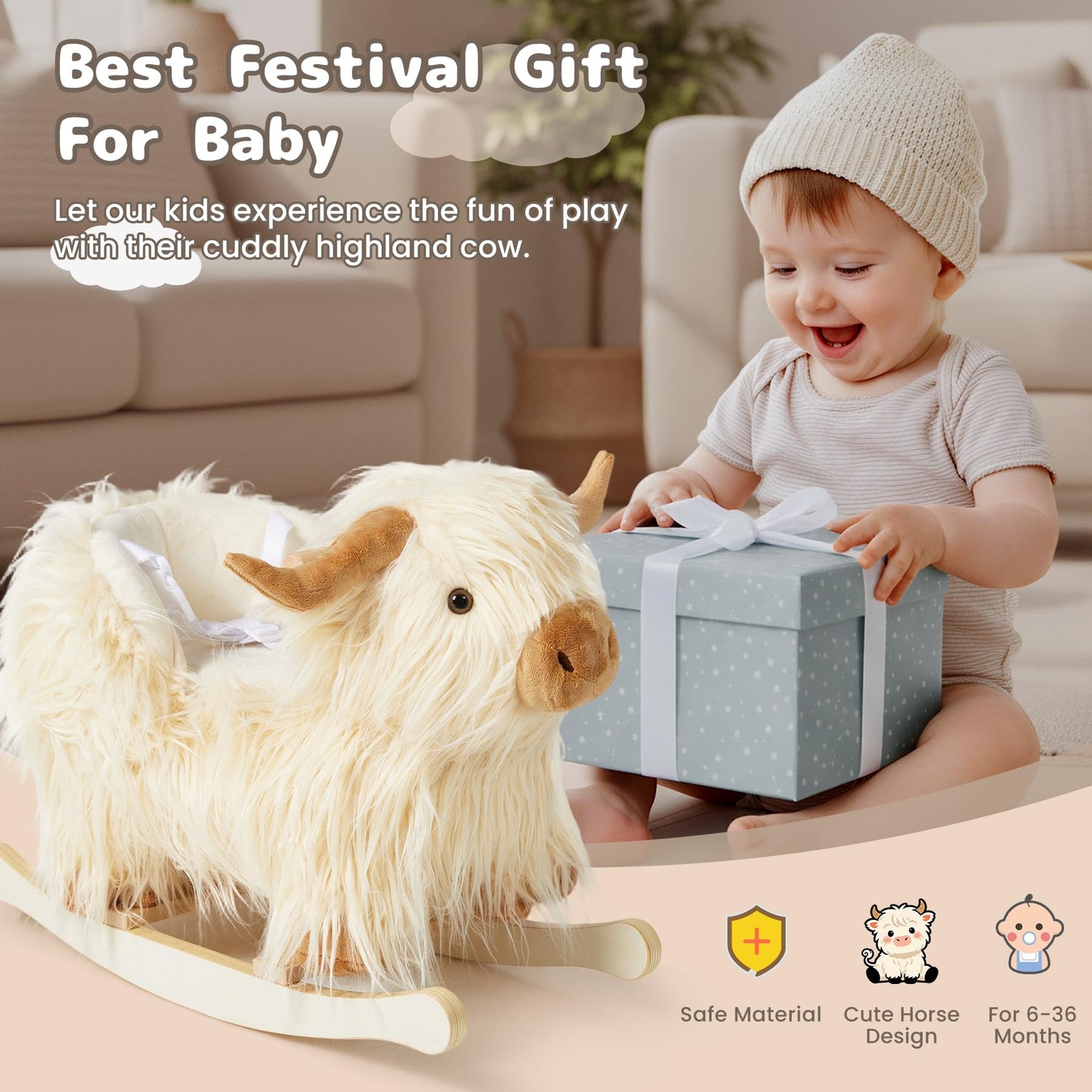 Baby Rocking Horse,Highlander Cattle Toddler Rocking Toy for 1+ Year Old Cute White Cow Stuffed Cow Rocker Toy Rocking Animal for Baby Boys and Girls Nursery/Child Christmas or Birthday Gift