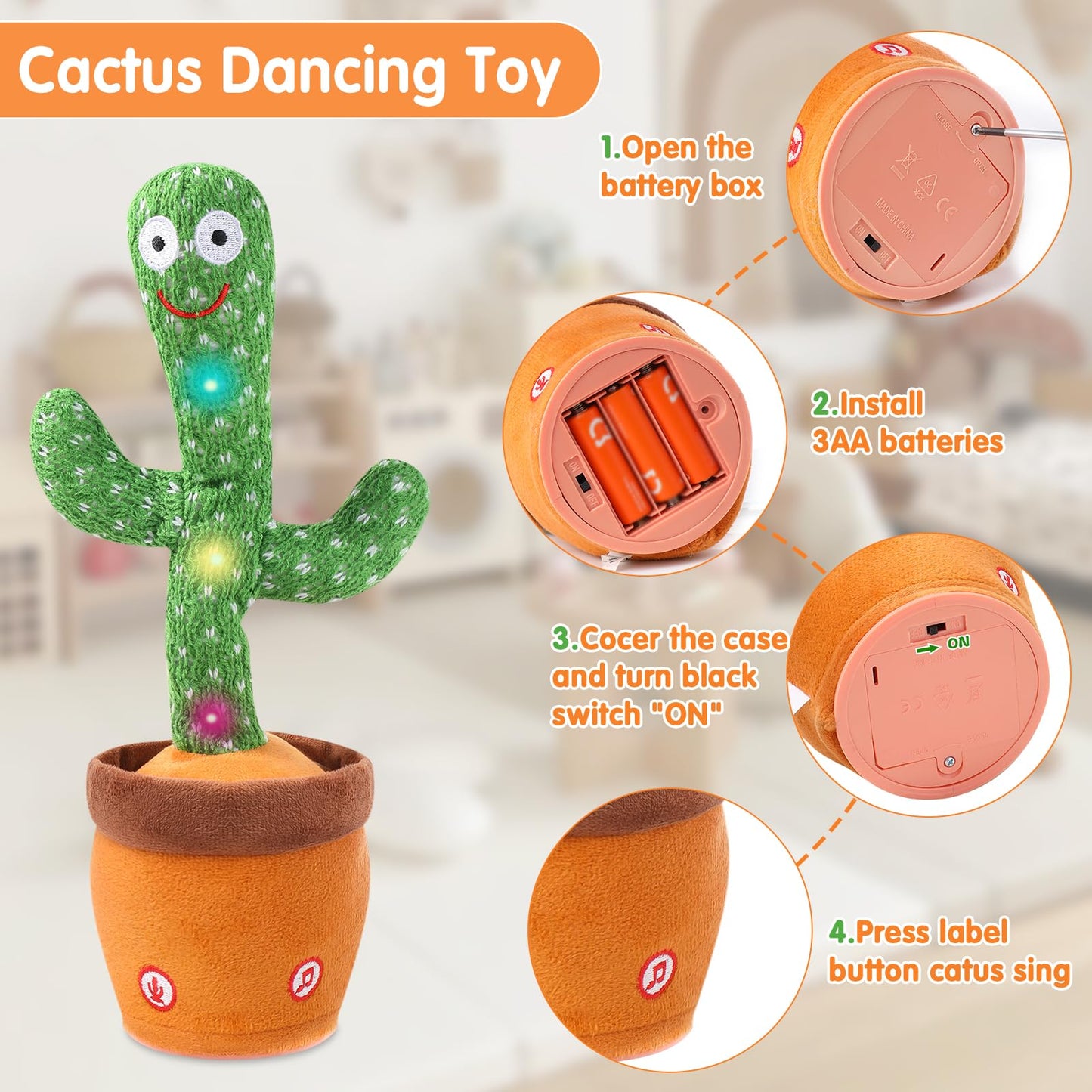 Dancing Cactus Toy for Baby Toddler, Talking Cactus Colorful Glowing Repeating What You Say, Singing Toys 10 Pcs Songs for Baby Gifts