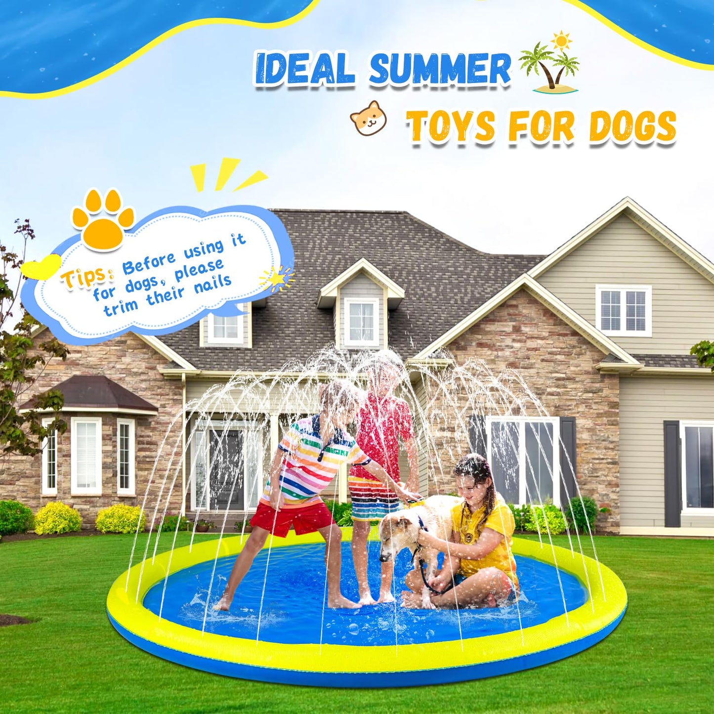 107 inch Extra Large Non-Slip Splash Pad Sprinkler for Kid and Dog, Kiddie Dog Pool, Toddler Outdoor Toys for Ages 3-12 Boys Girls, Summer Outdoor Water Kids Toys, Parent Games, Backyard, Lawn
